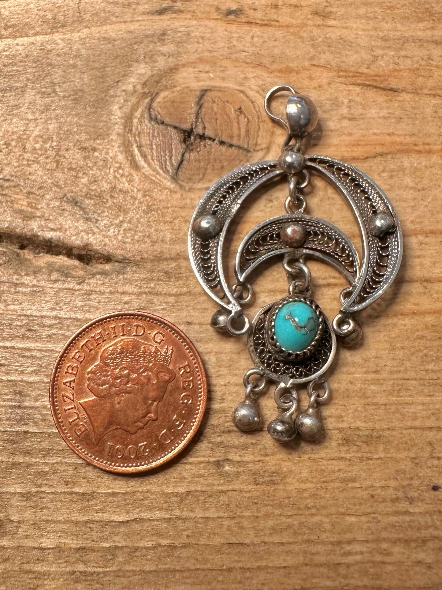 Vintage Turquoise Filigree 925 Silver Pendant