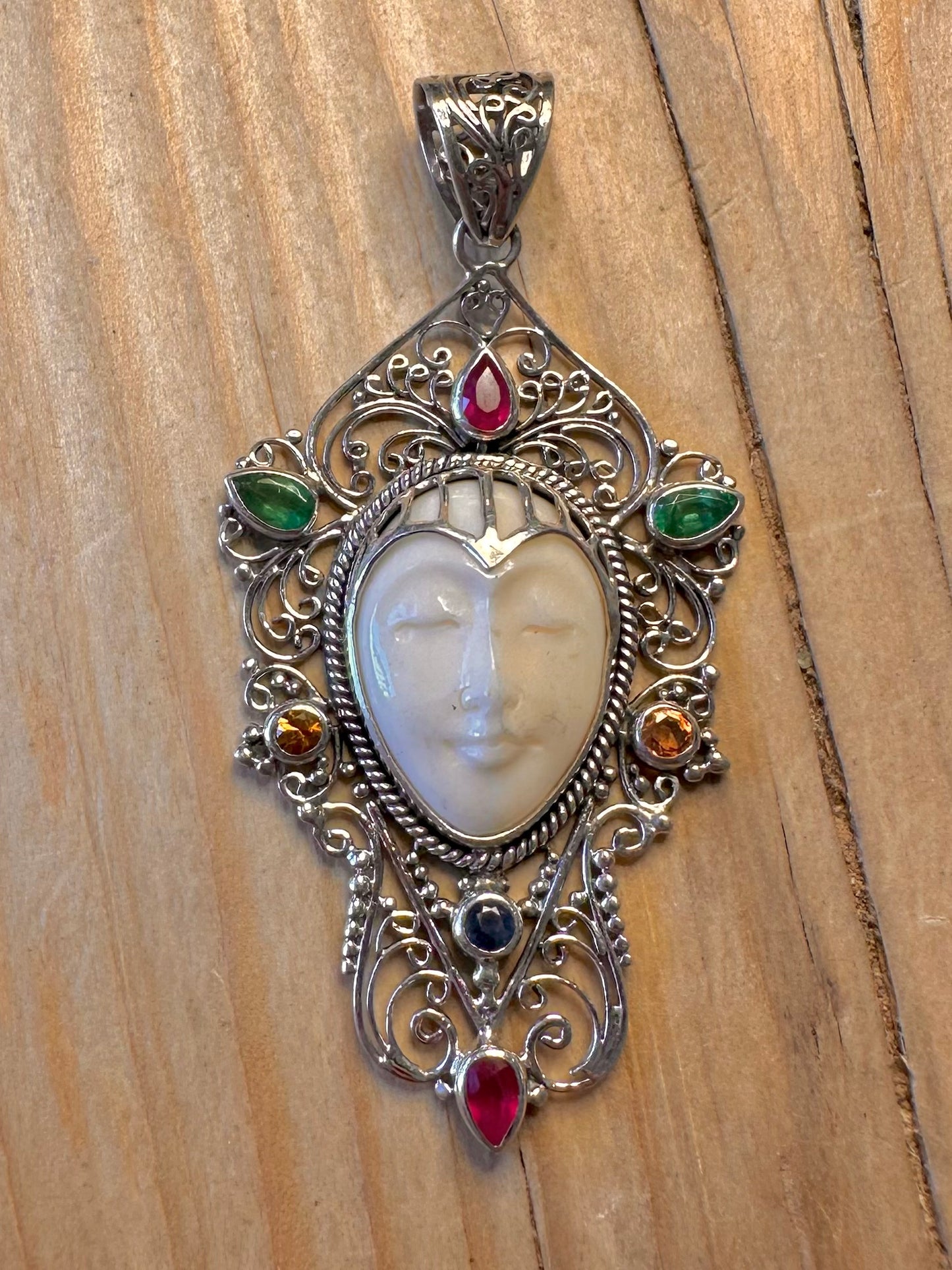 Vintage Women Face Multi Gemstone 925 Silver Pendant