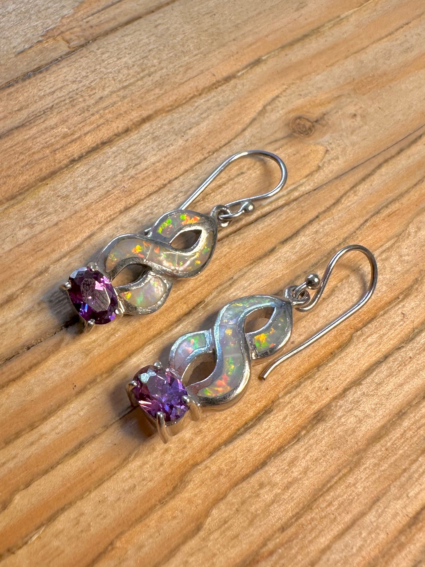 Vintage Amethyst and Opal 925 Sterling Silver Earrings