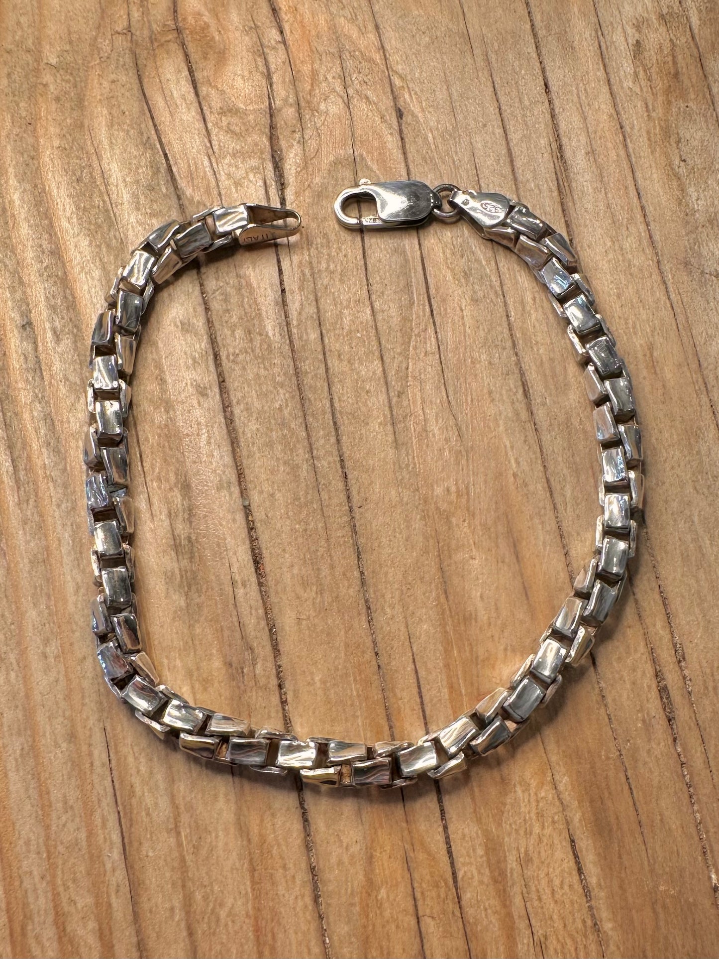 Vintage Hammered Twisted Box Chain 925 Sterling Silver 8.5 inch Bracelet