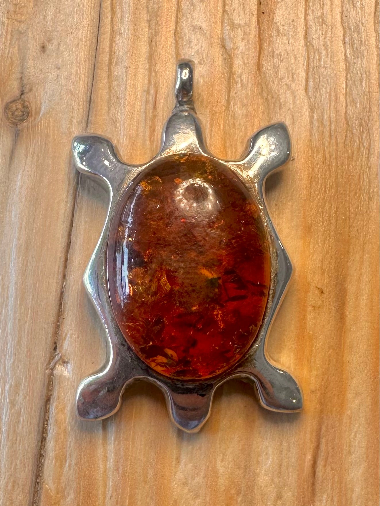 Vintage Abstract Amber Turtle 925 Silver Pendant