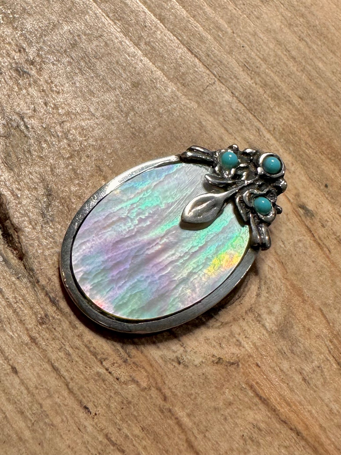 Arts and Crafts Mother of Pearl and Turquoise 925 Silver Pendant