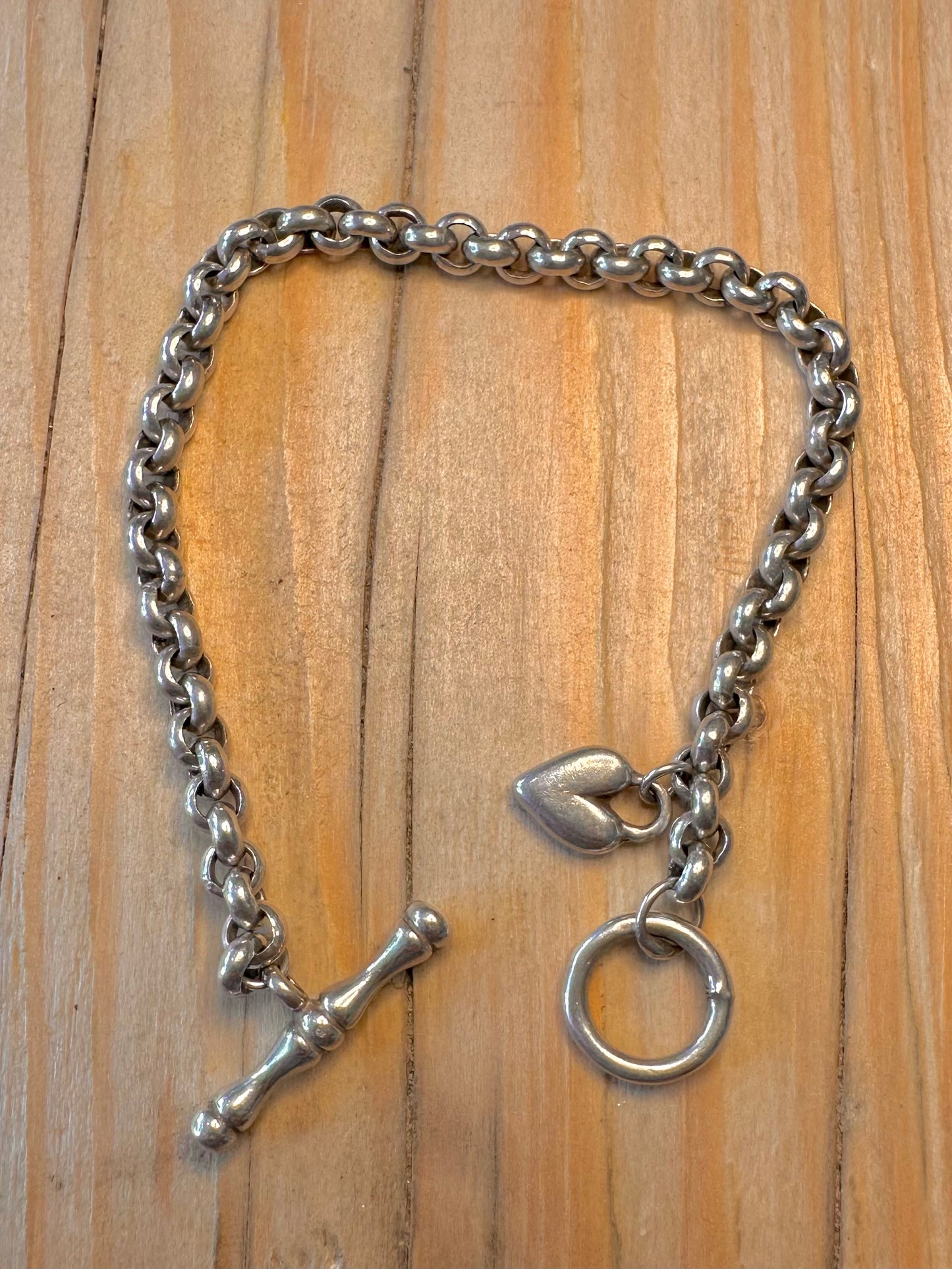 Vintage Belcher Chain T Bar Clasp Heart 925 Silver Hallmarked 7.5 inch Bracelet