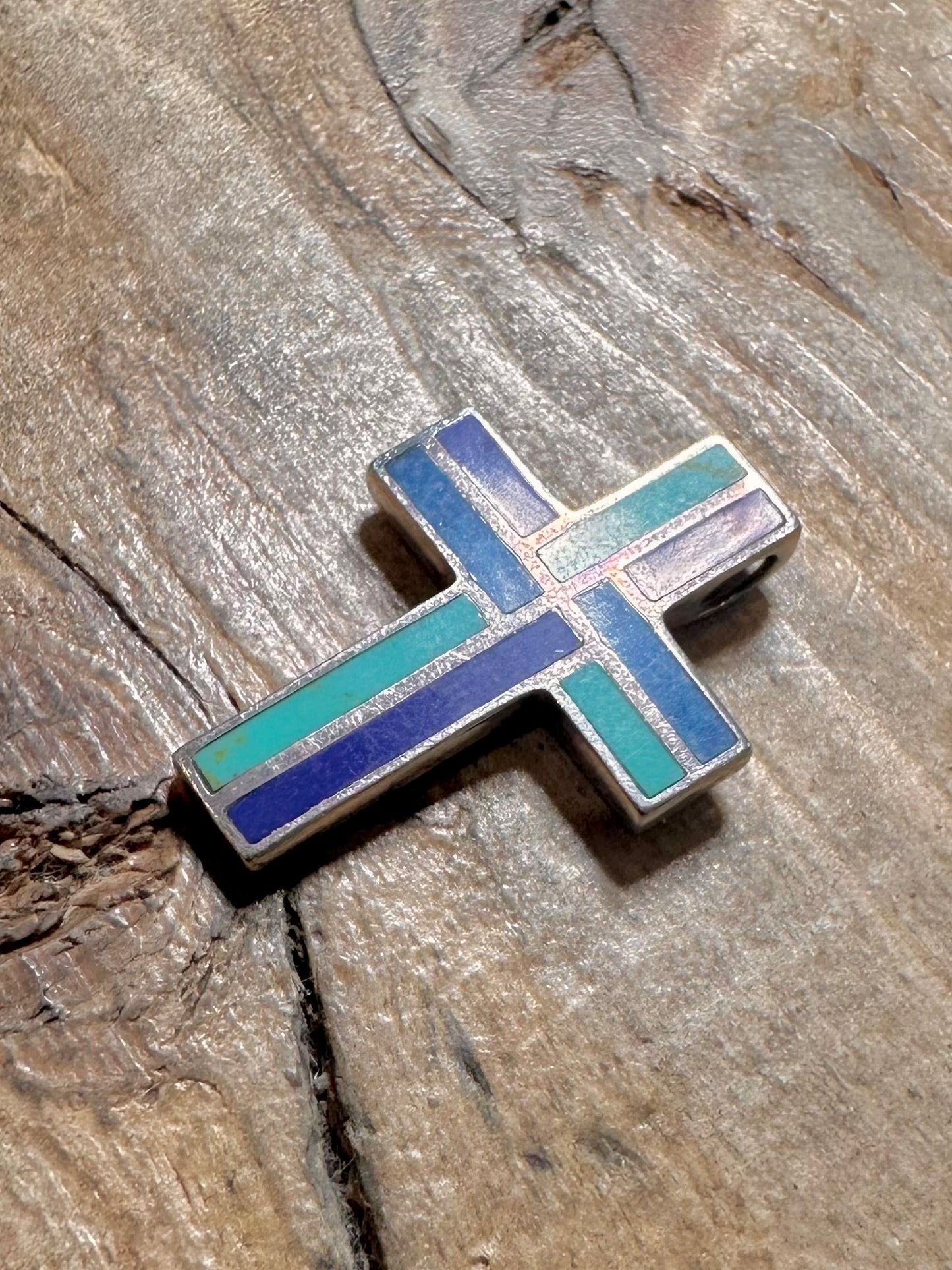 Vintage Turquoise and Lapis Inlay Cross 925 Silver Pendant