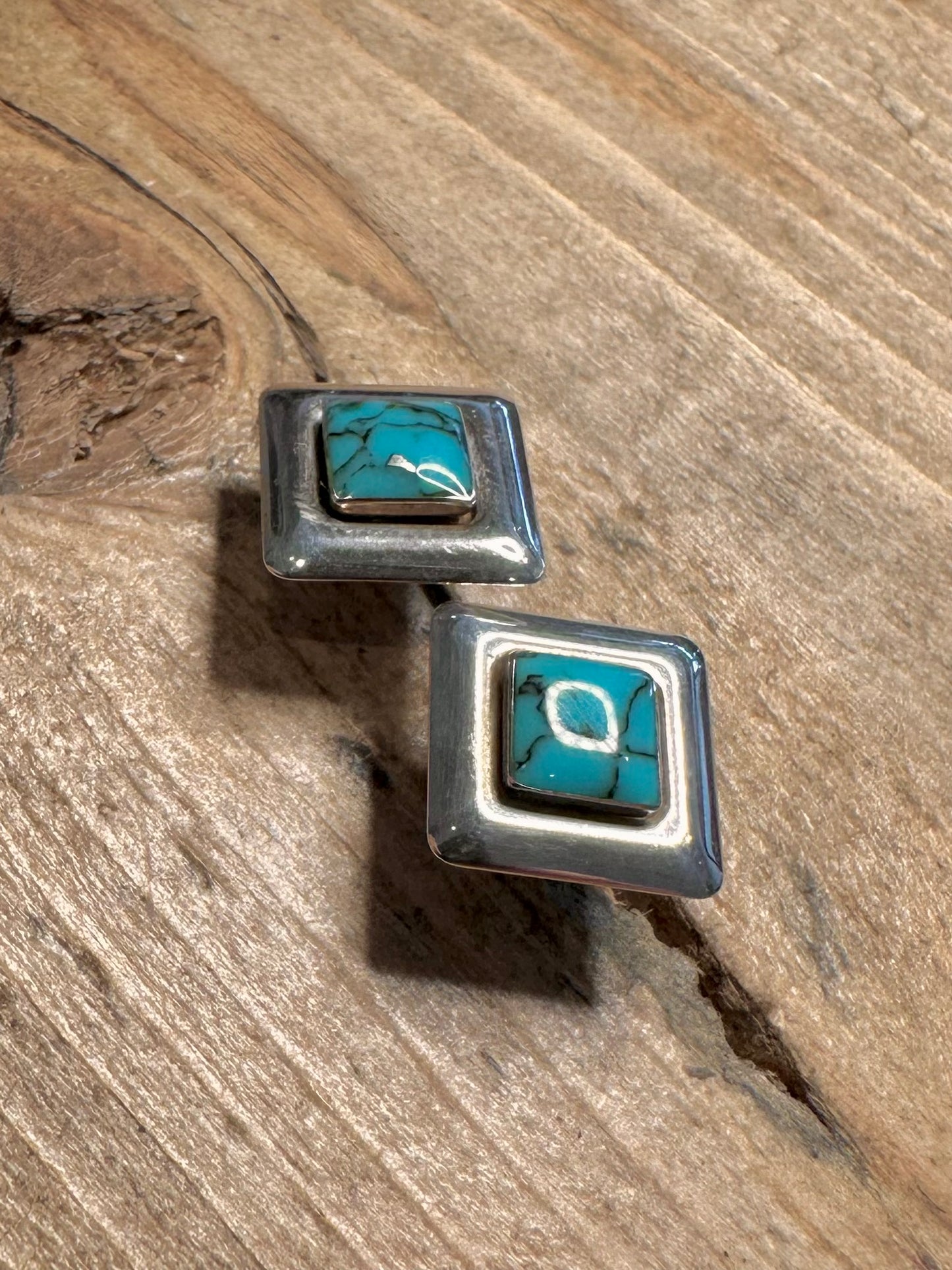 Vintage Polished Turquoise Square 925 Silver Earrings