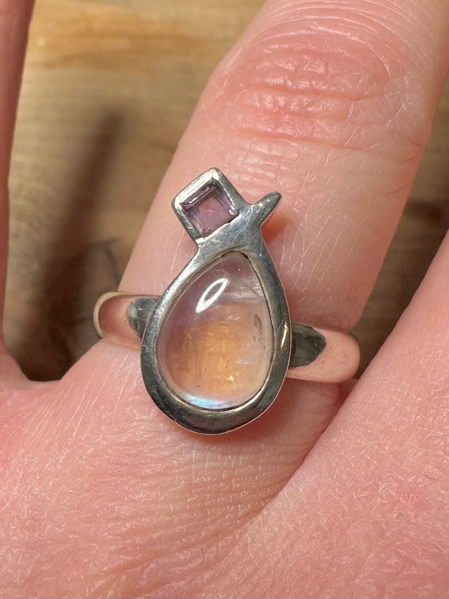 Modernist Moonstone and Amethyst 925 Silver Size Q1/2 Ring