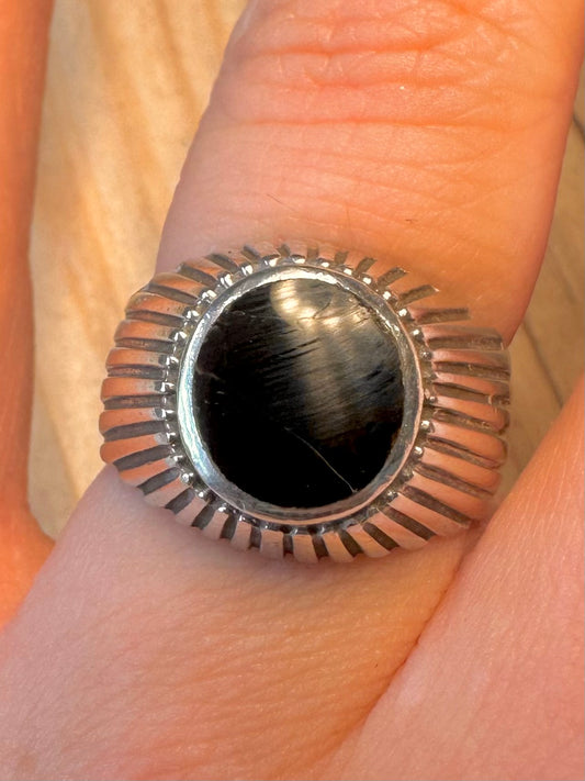 Vintage Onyx Textured Signet 925 Silver Size O Ring