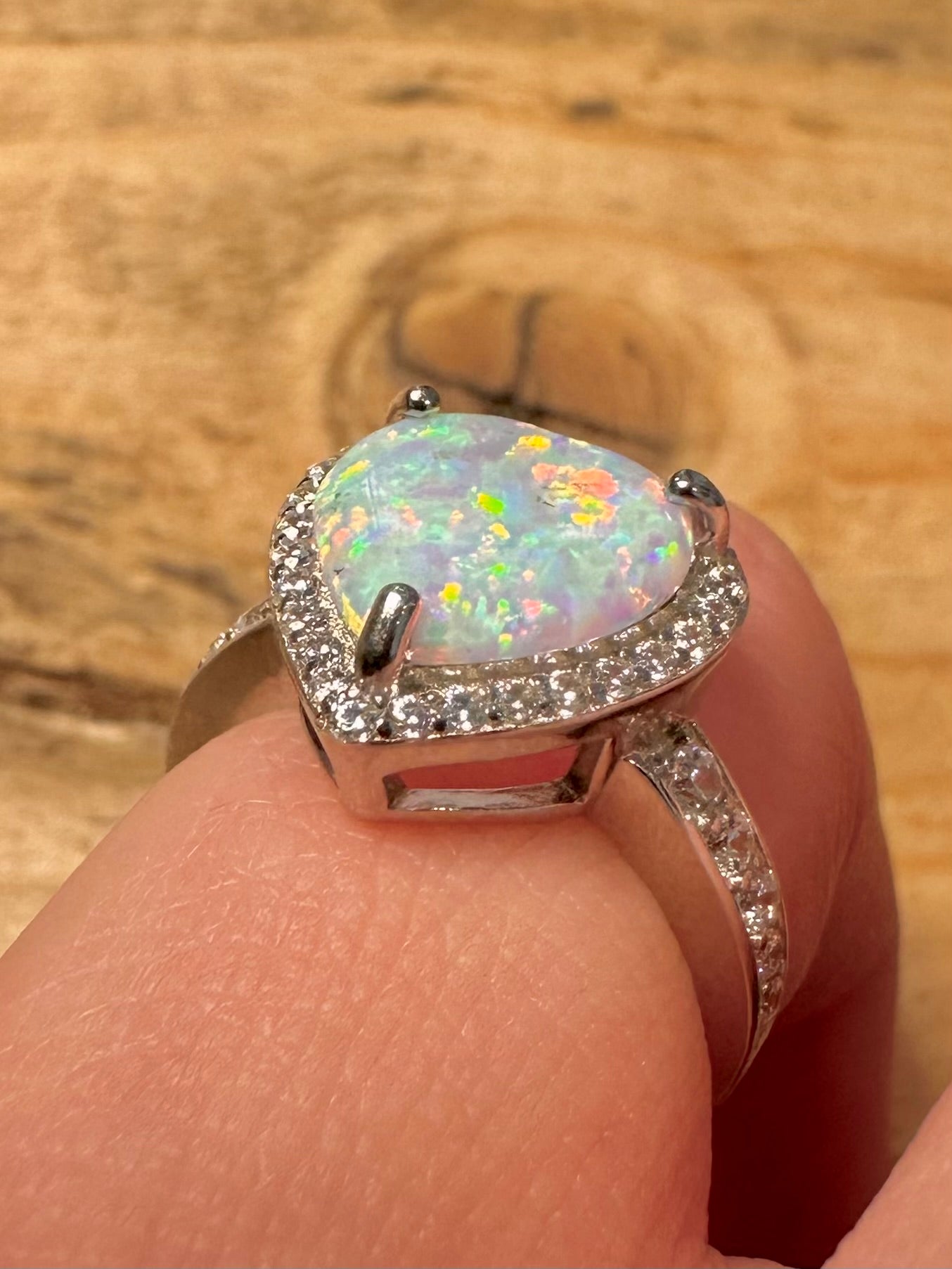 Modern Opal Heart CZ Stone 925 Silver Size J Ring