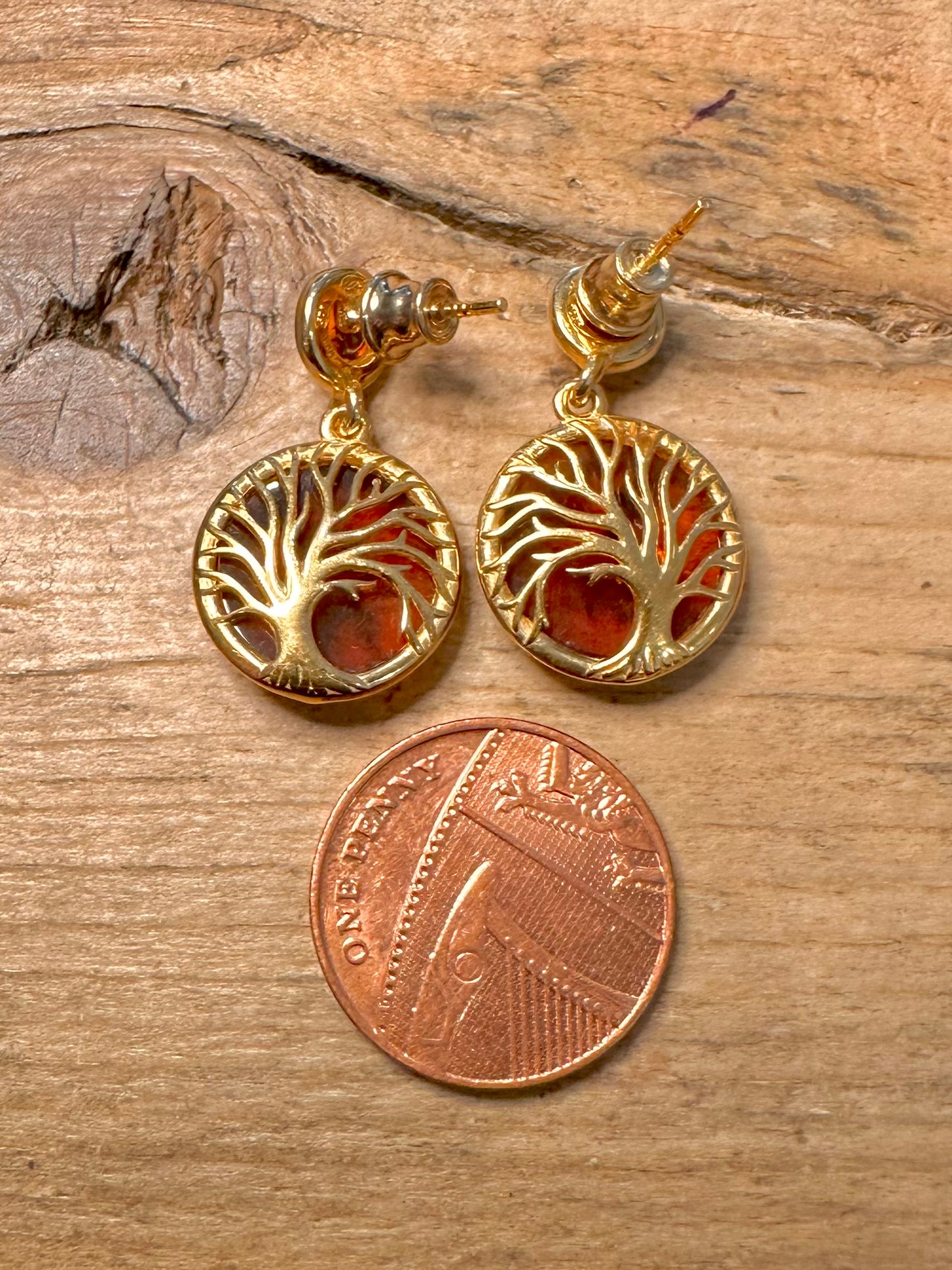 Abstract Amber Tree of Life Gold on 925 Silver Earrings