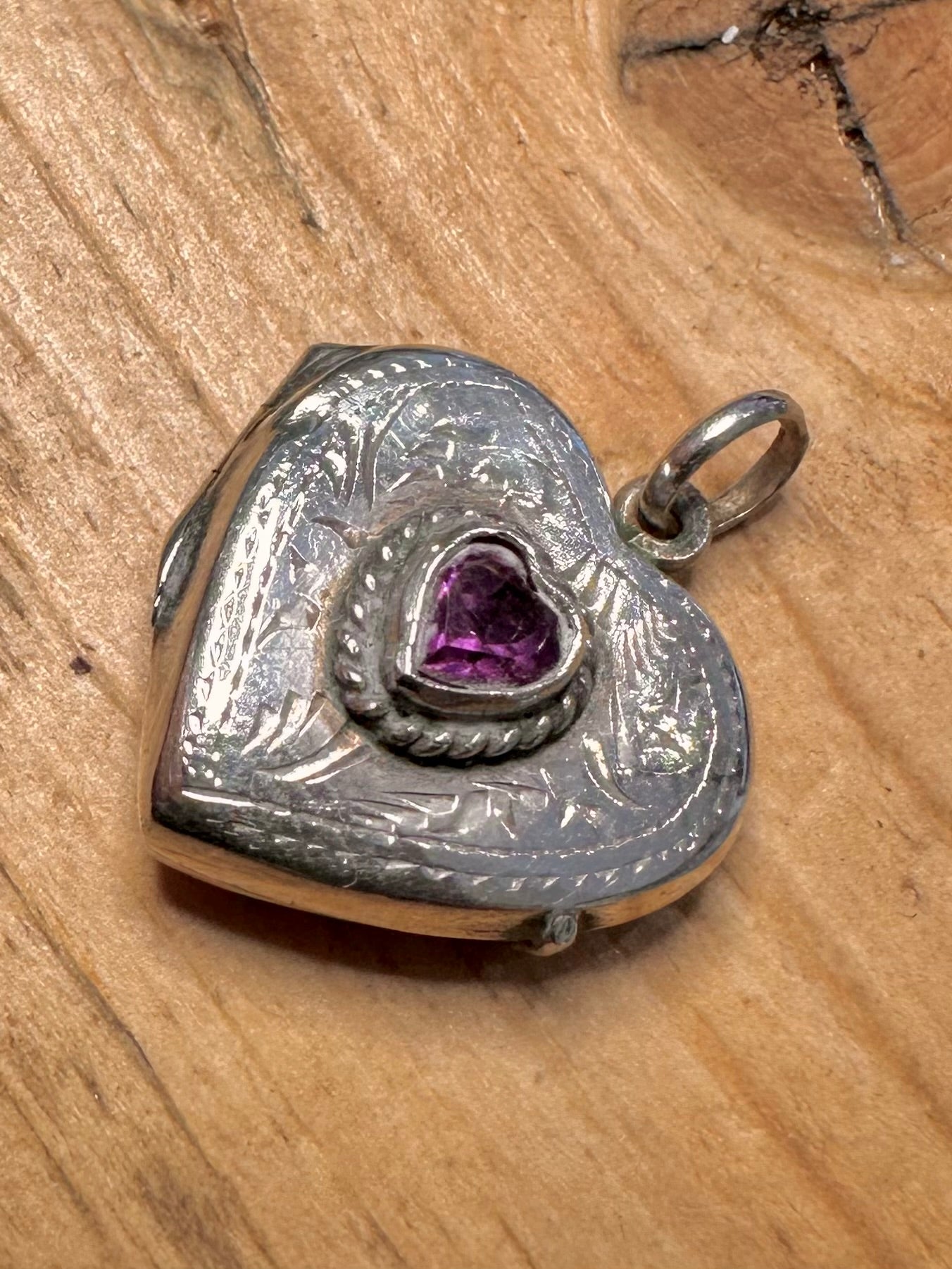Vintage Amethyst Engraved Heart Locket 925 Silver Pendant