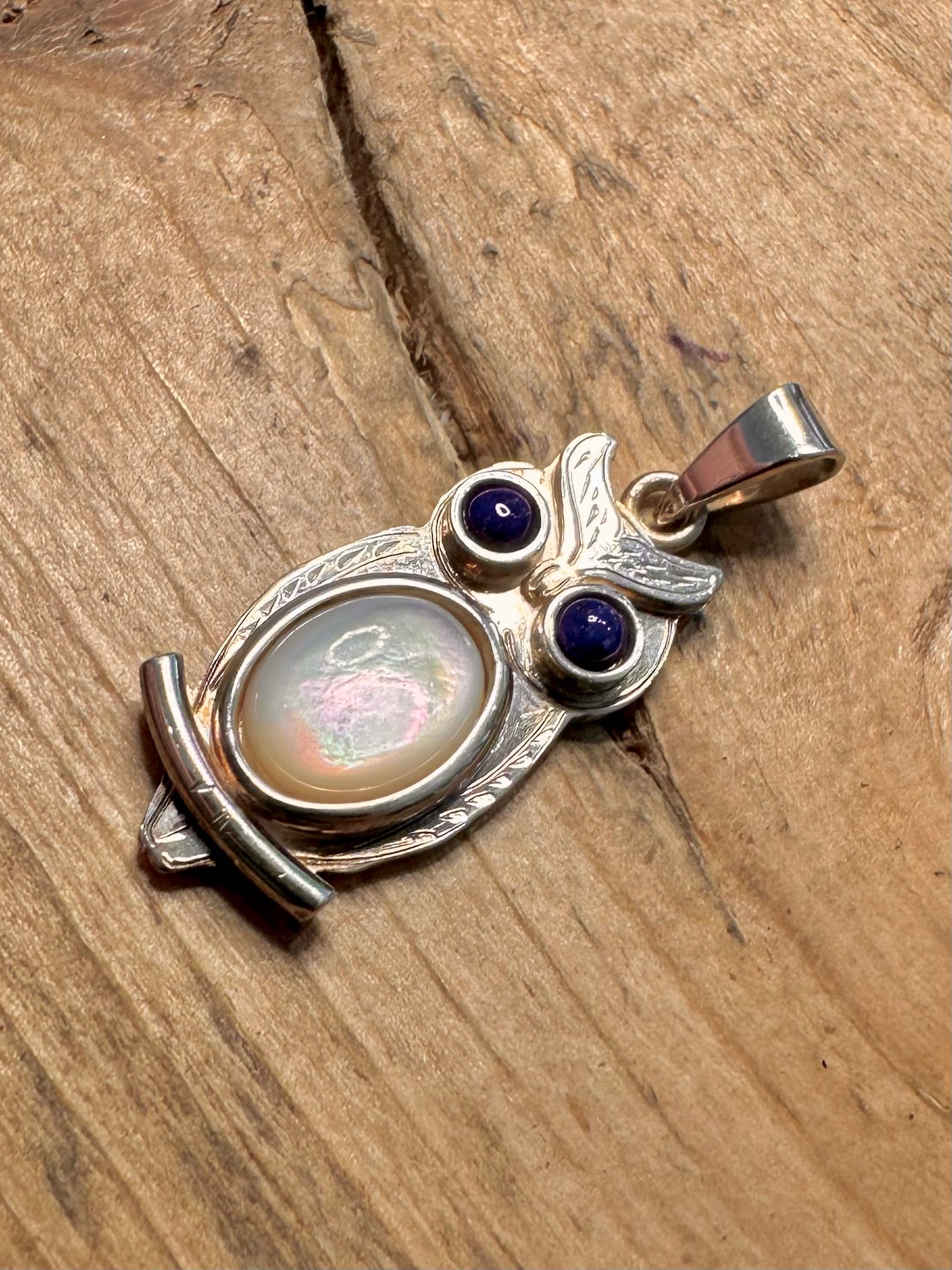 Vintage Owl Mother of Pearl and Lapis 925 Silver Pendant