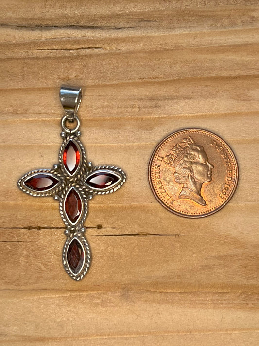 Garnet Cross 925 Sterling Silver Pendant