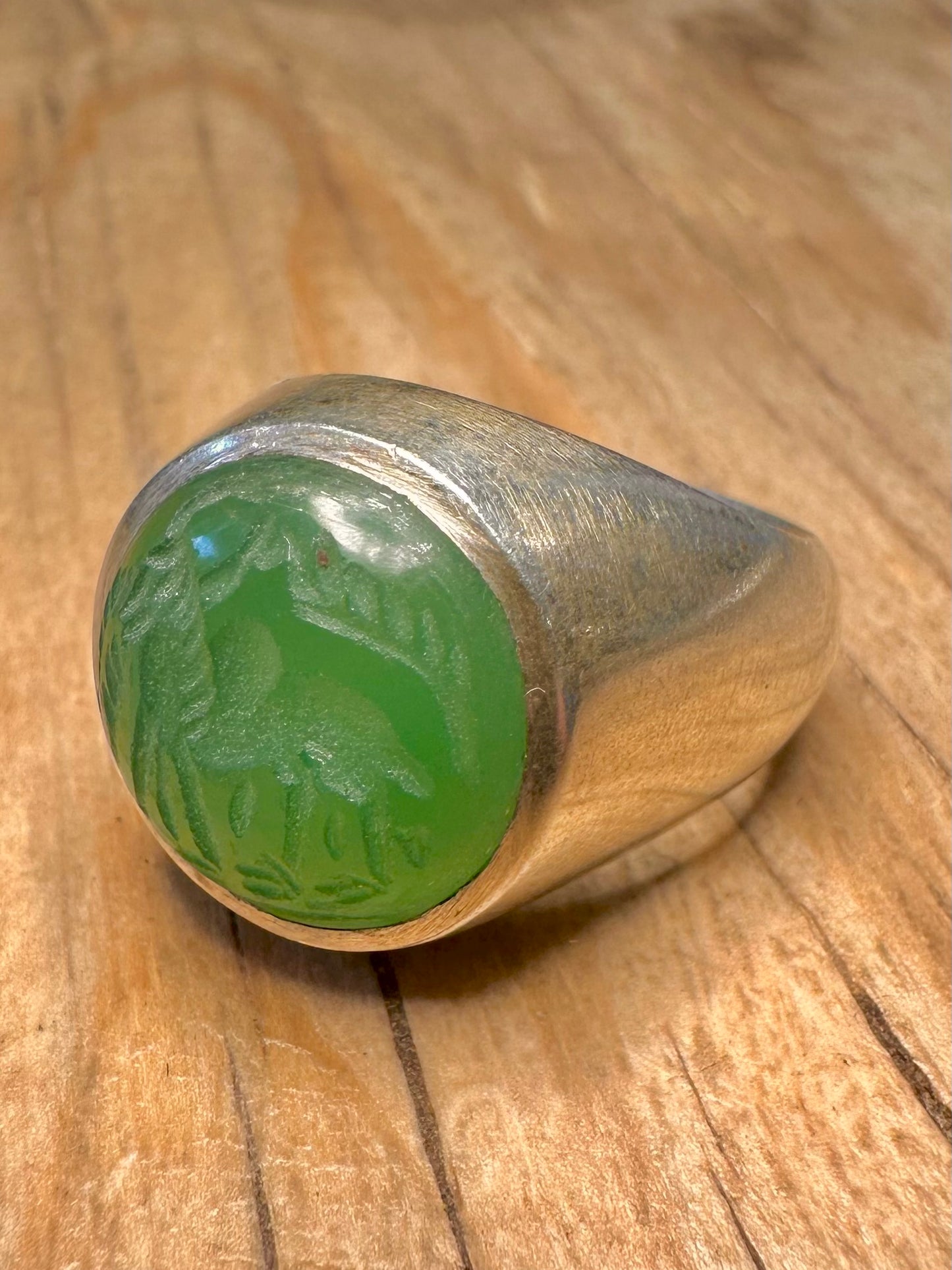 Vintage Animal Chrysoprase Intaglio Signet 925 Sterling Silver Size Q1/2 Ring