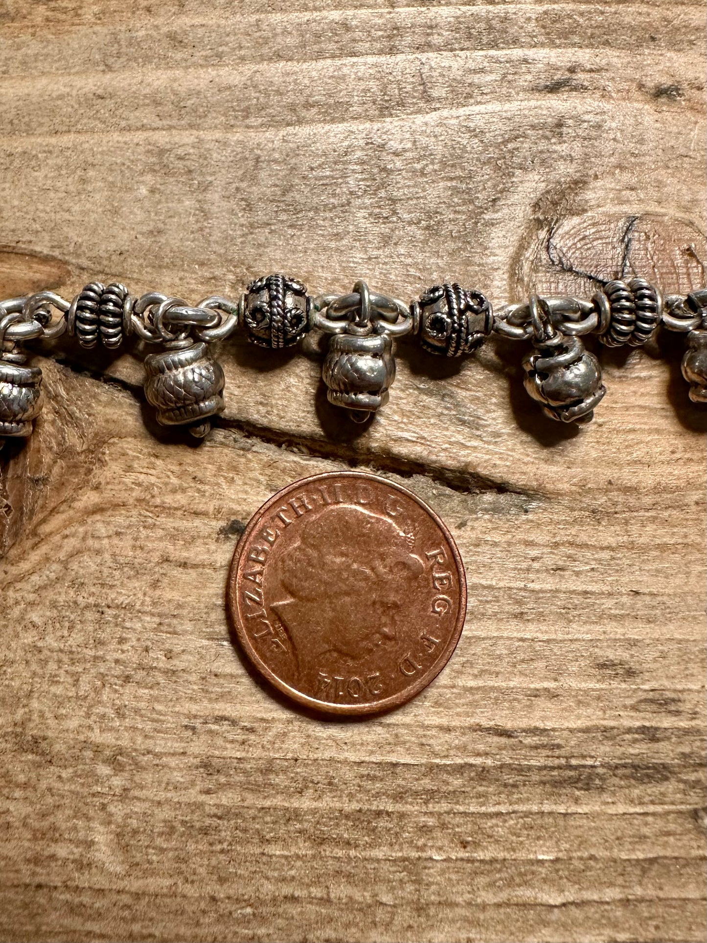 Vintage Tribal Dangle Ball Textured 925 Bracelet
