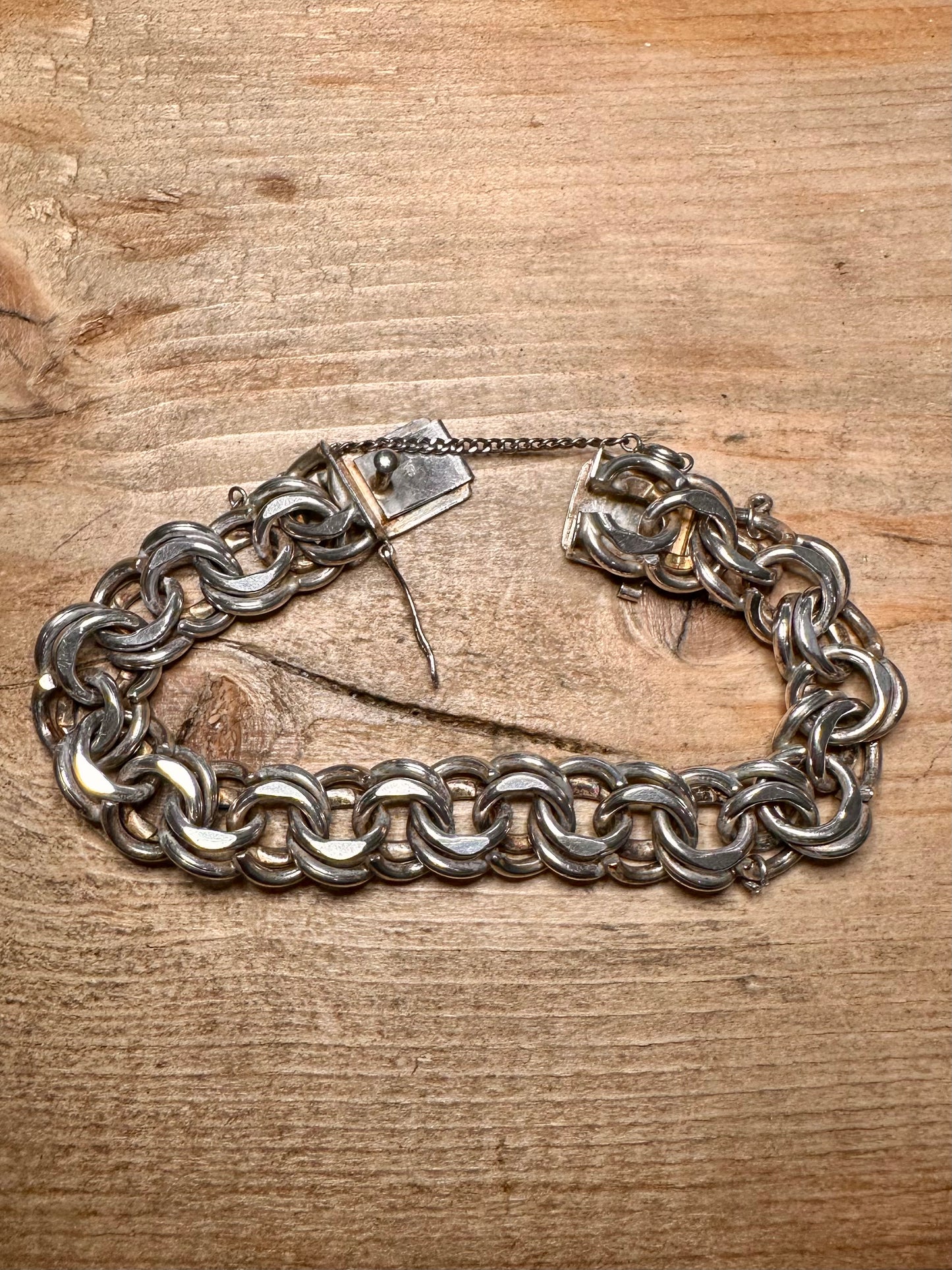 Vintage Double Unique Link 1973 Box Clasp with Safety Chain 925 Silver 7.5 inch Bracelet