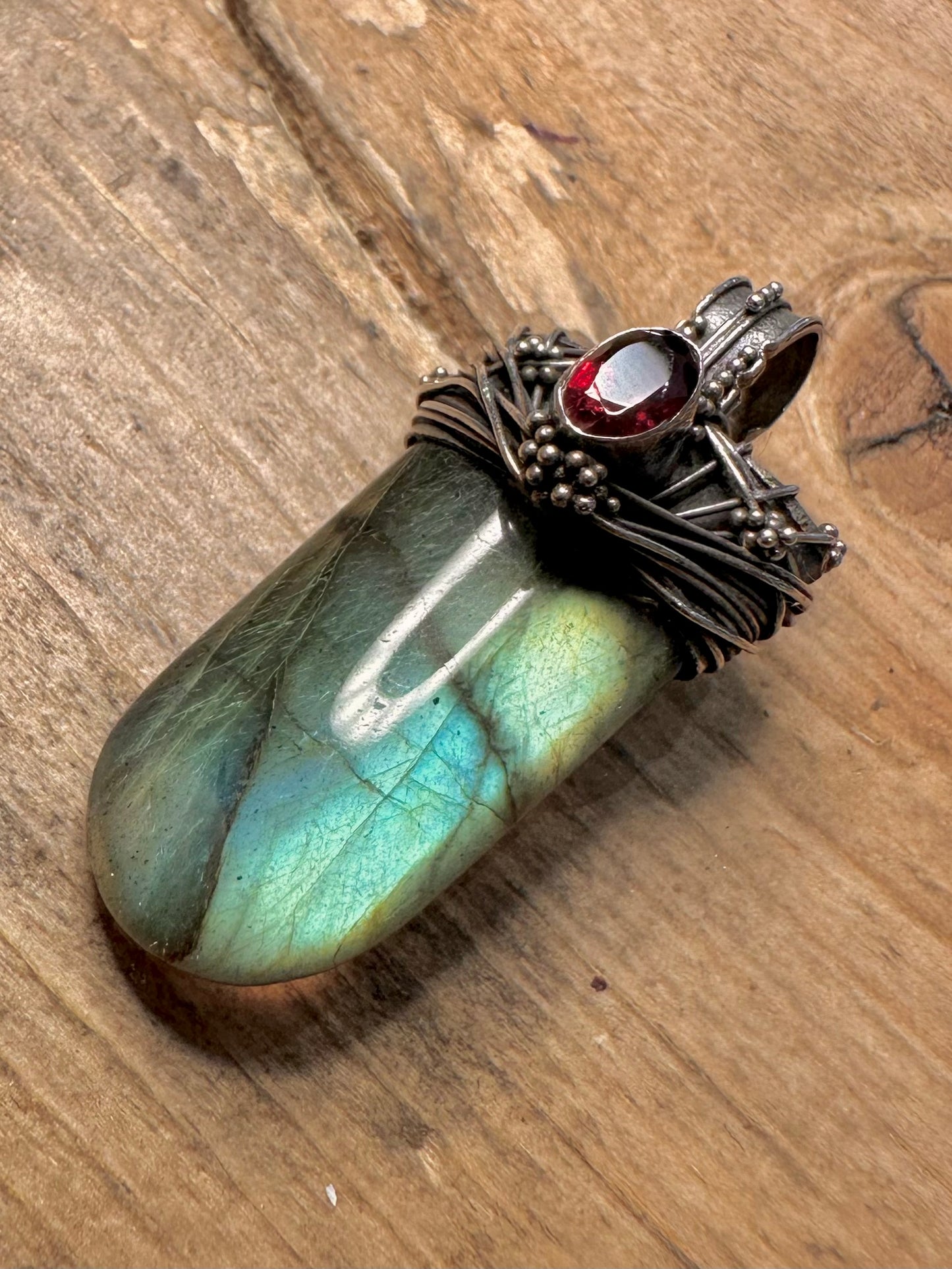Vintage Labradorite and Garnet 925 Silver Pendant