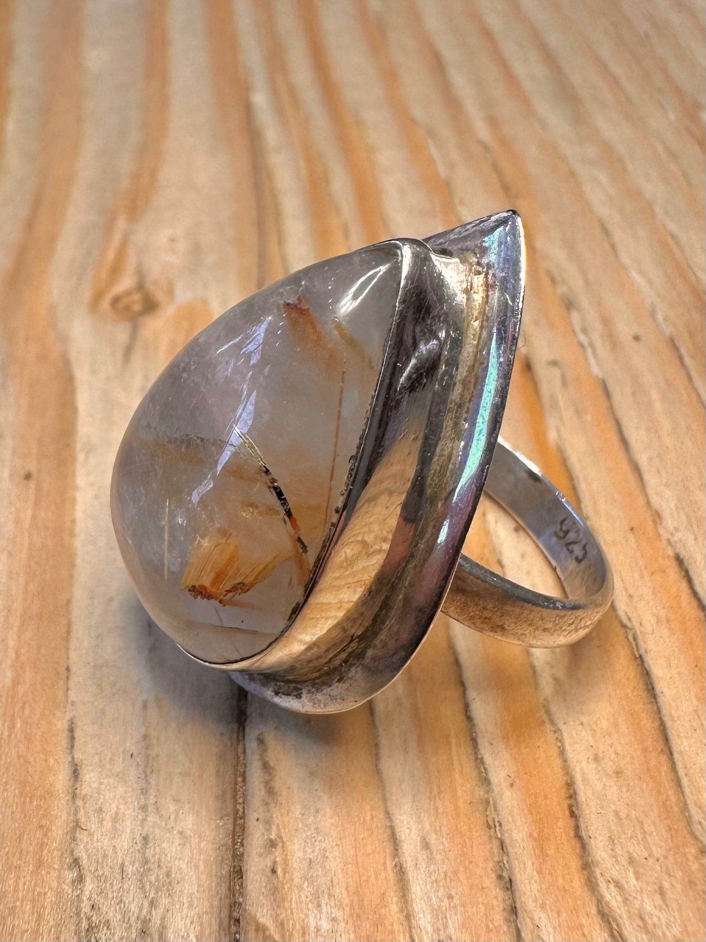 Vintage Golden Rutilated Quarts 925 Silver Size N1/2 Ring