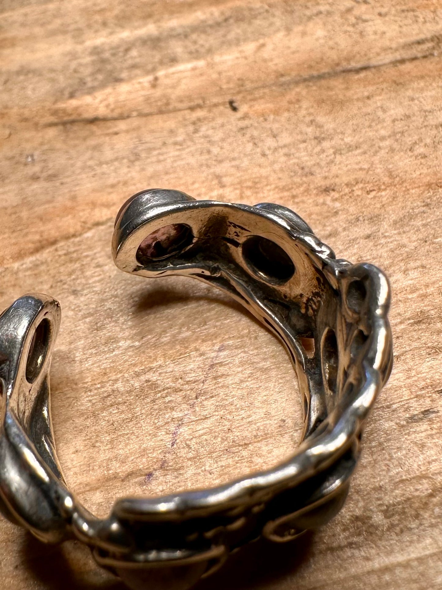 Abstract Amethyst and Black Stone Open Back 925 Silver Size J Ring