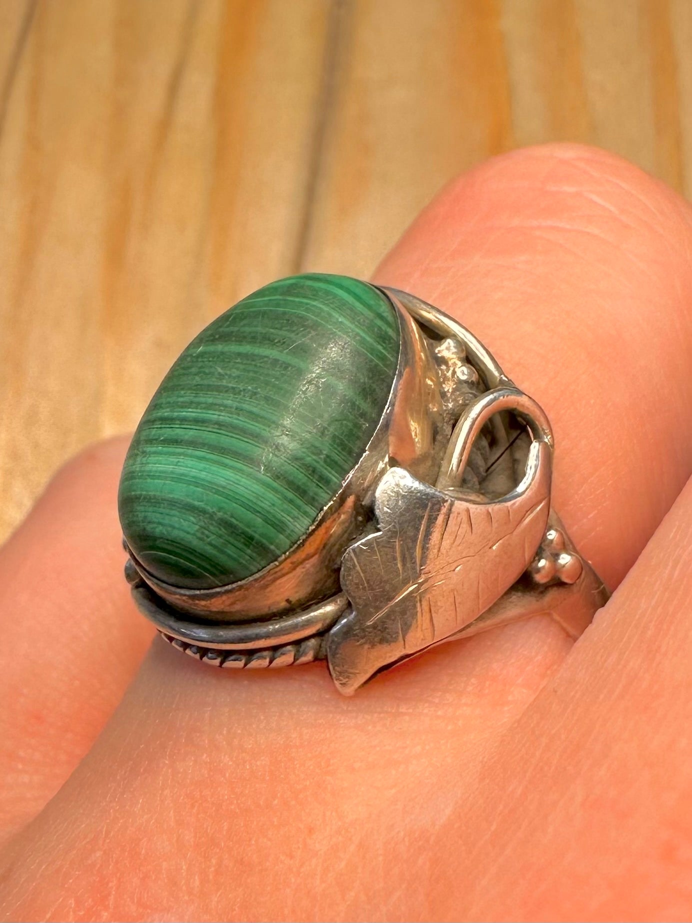 Vintage Navajo Malachite 925 Sterling Silver Size P Ring