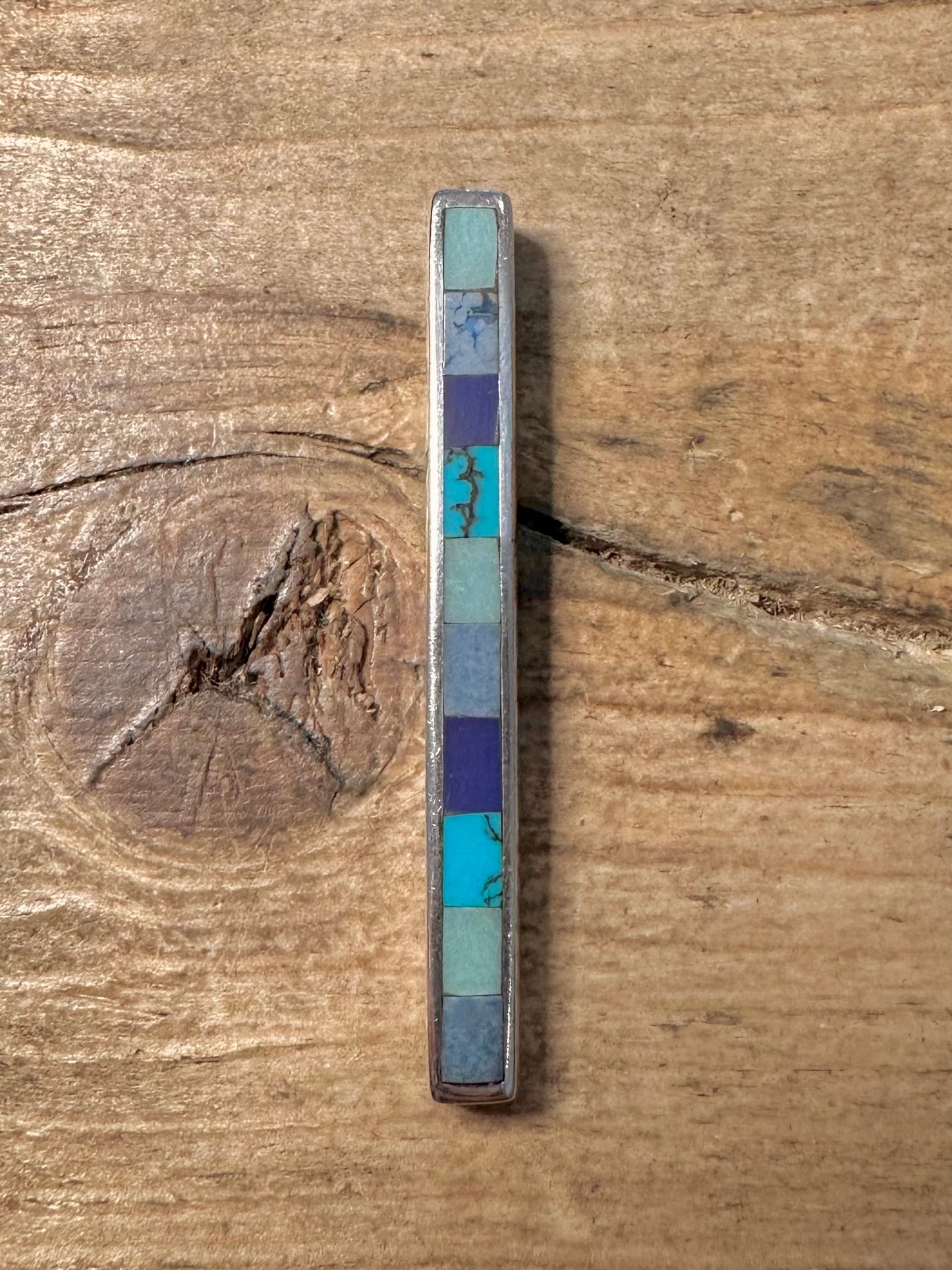 Modernist Turquoise Inlay Bar 925 Silver Pendant