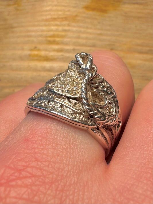 Vintage Horse Saddle CZ Stones 925 Sterling Silver Size X1/2 Ring