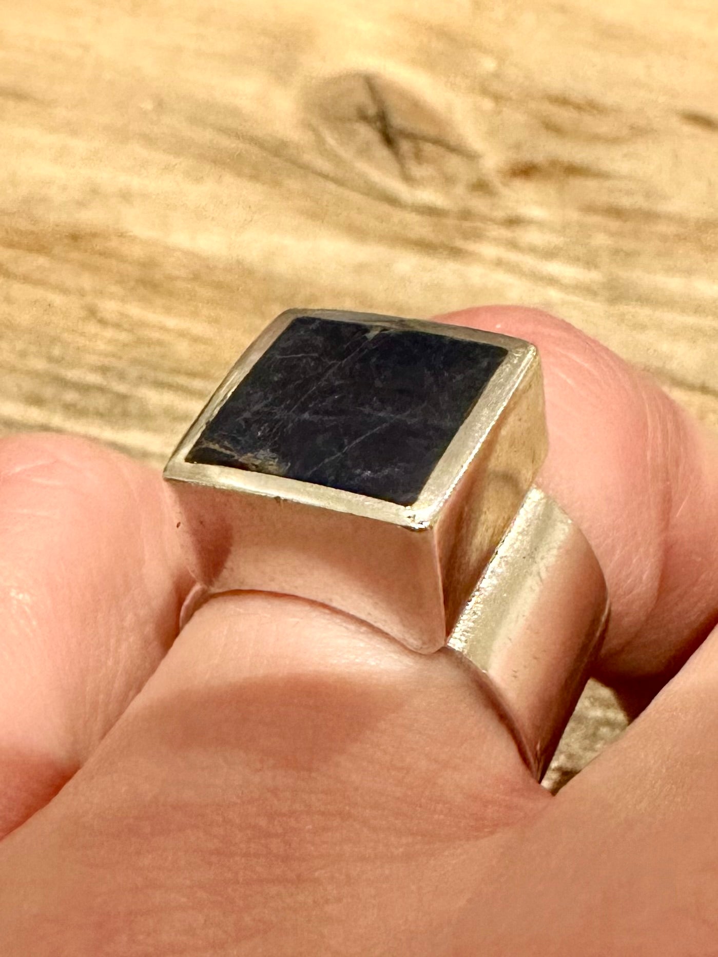 Vintage Square Lapis Chunky 925 Silver Size P1/2 Ring