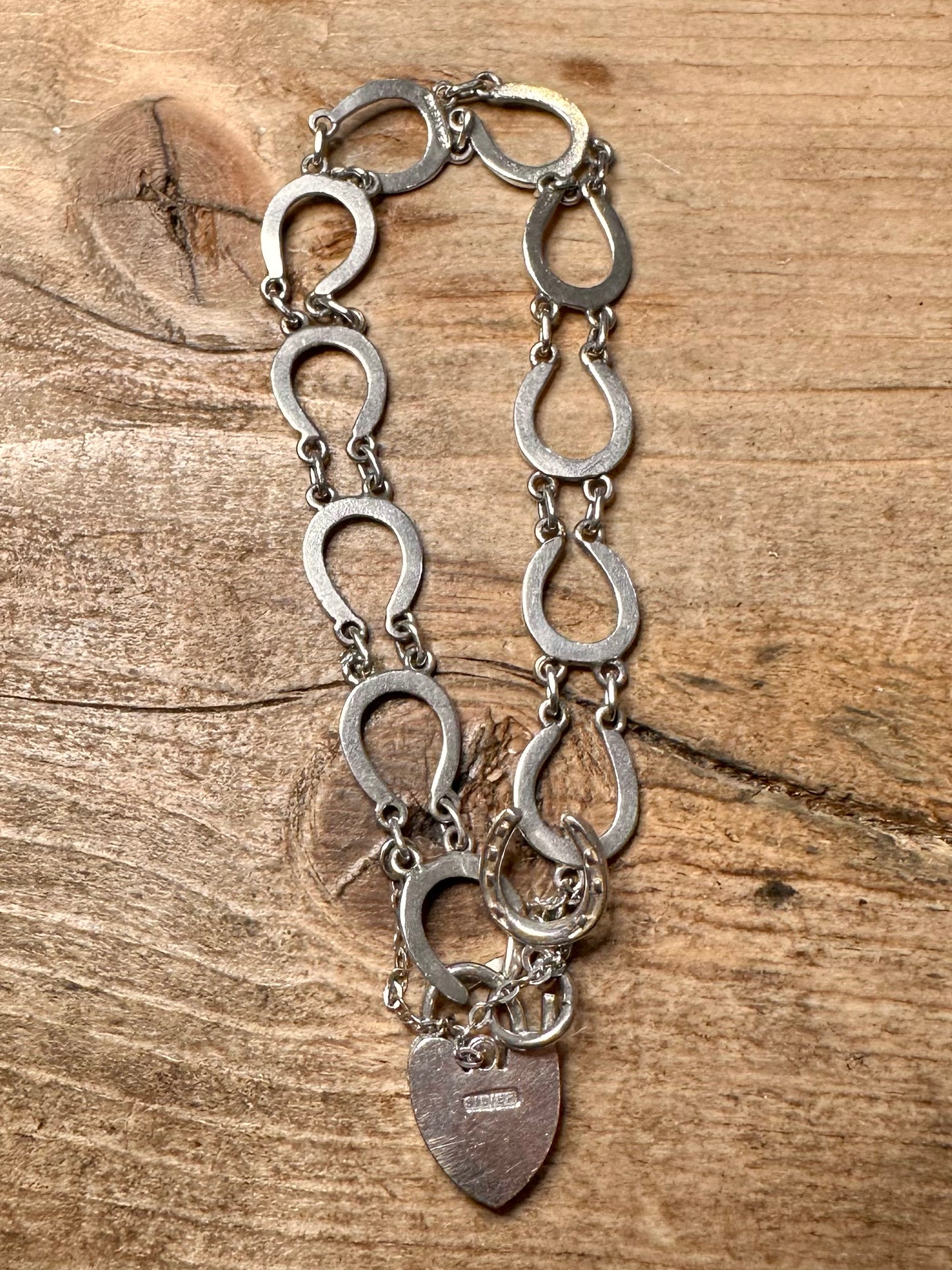 Vintage Horseshoe Equestrian Link Heart Padlock with Safety Chain 925 Silver Bracelet