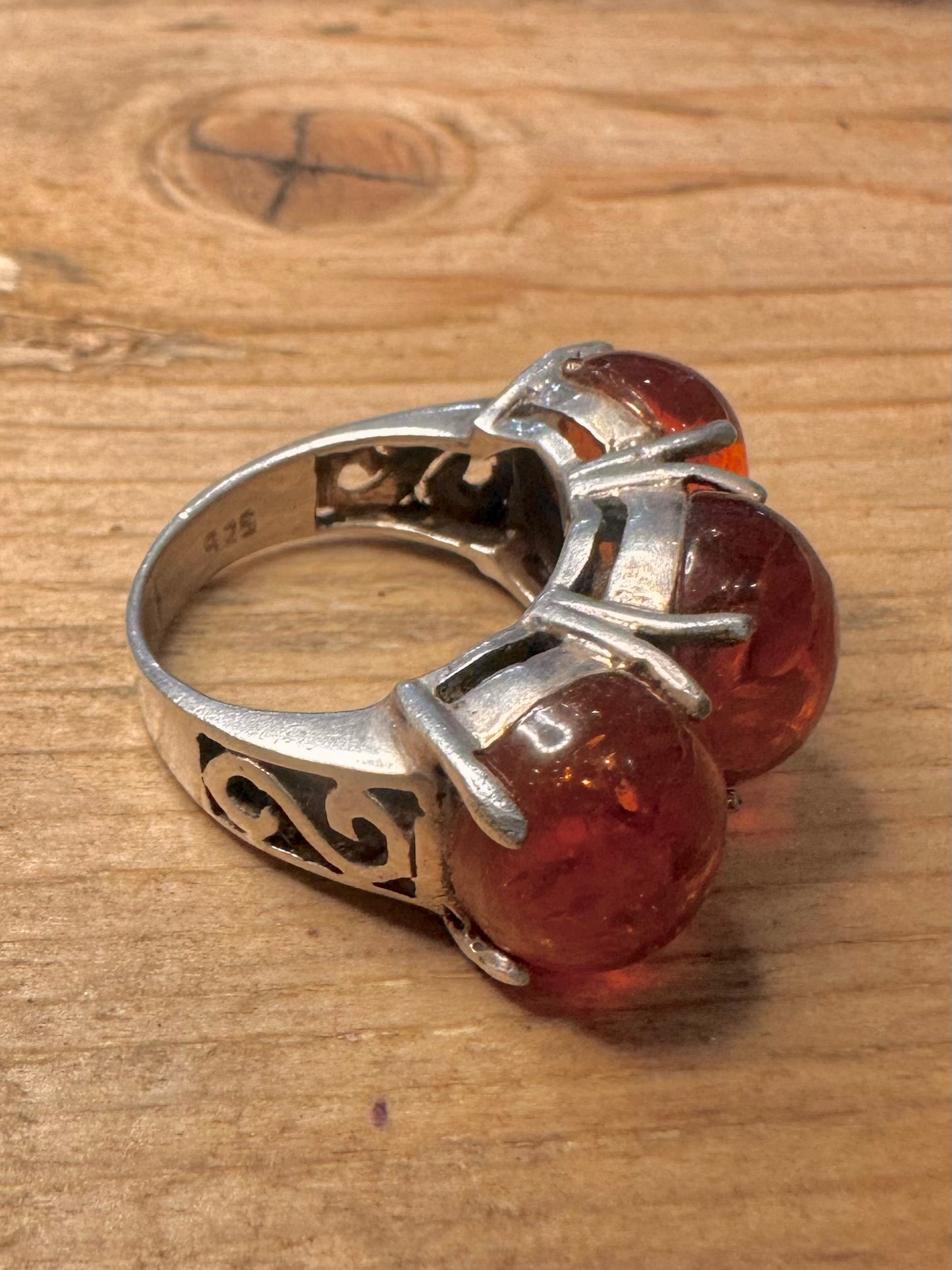 Vintage Amber Trio 925 Silver Size M Ring