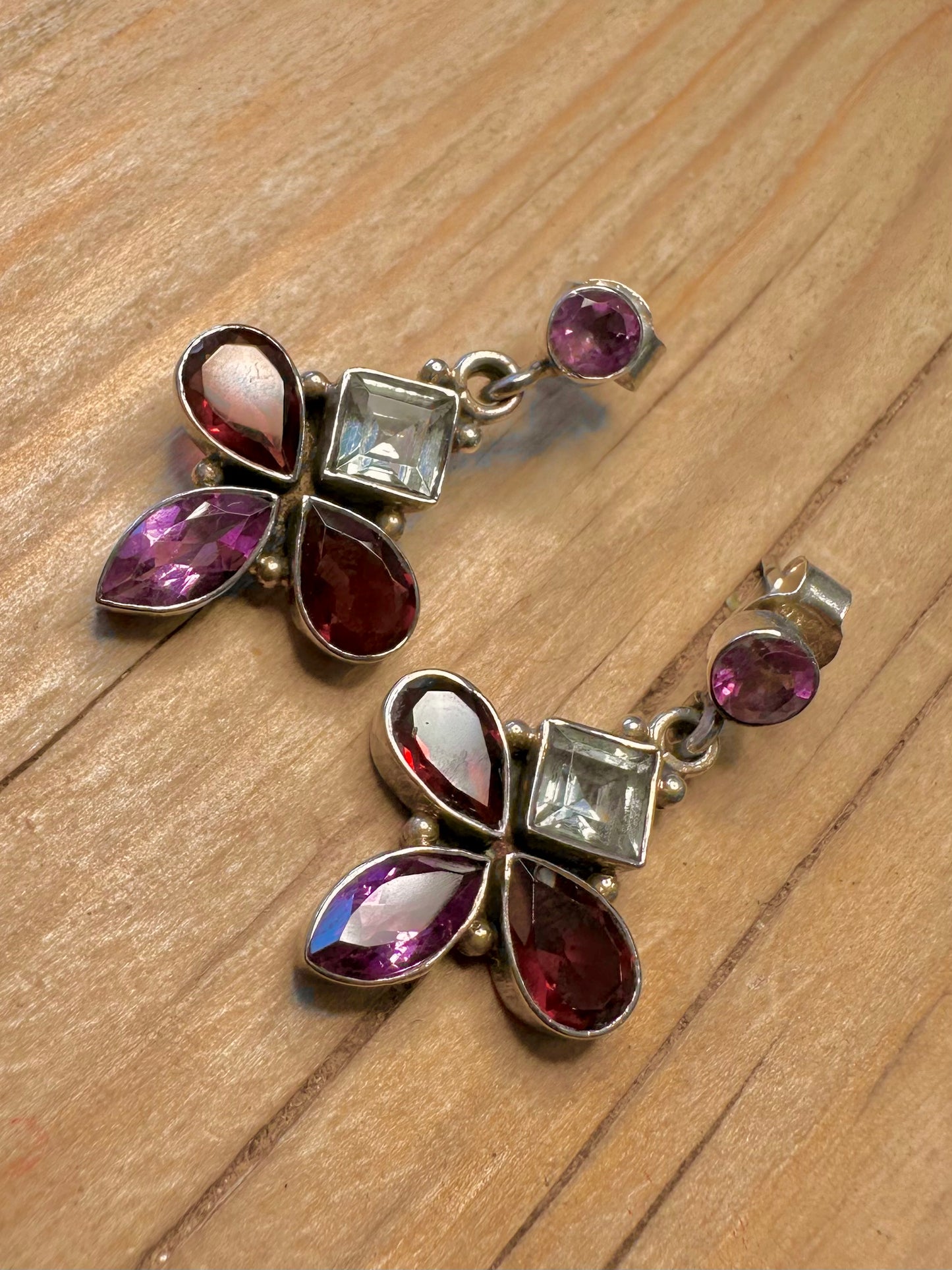 Vintage Amethyst Garnet Blue Topaz 925 Sterling Silver Earrings