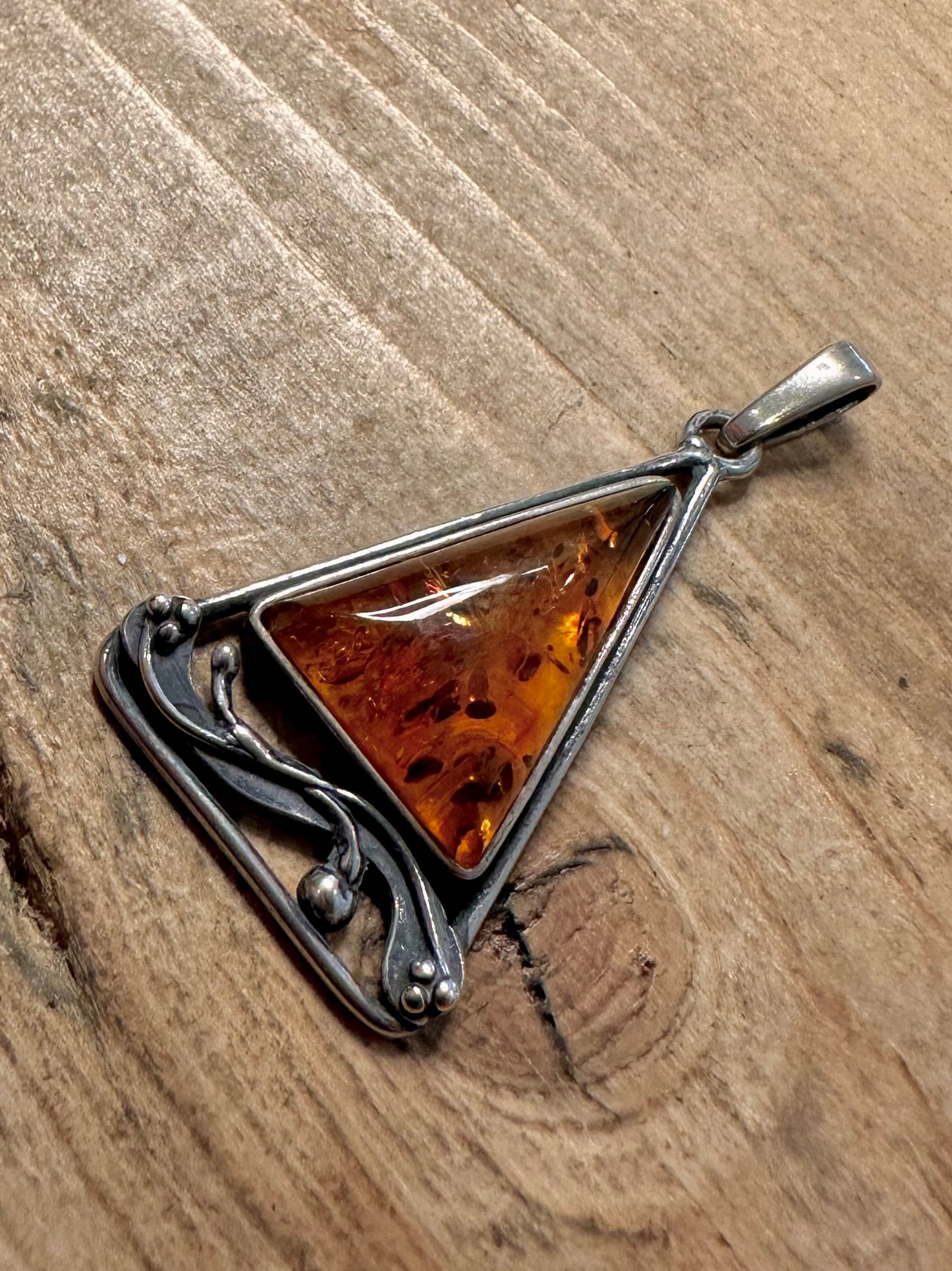 Vintage Amber Triangle 925 Silver Pendant