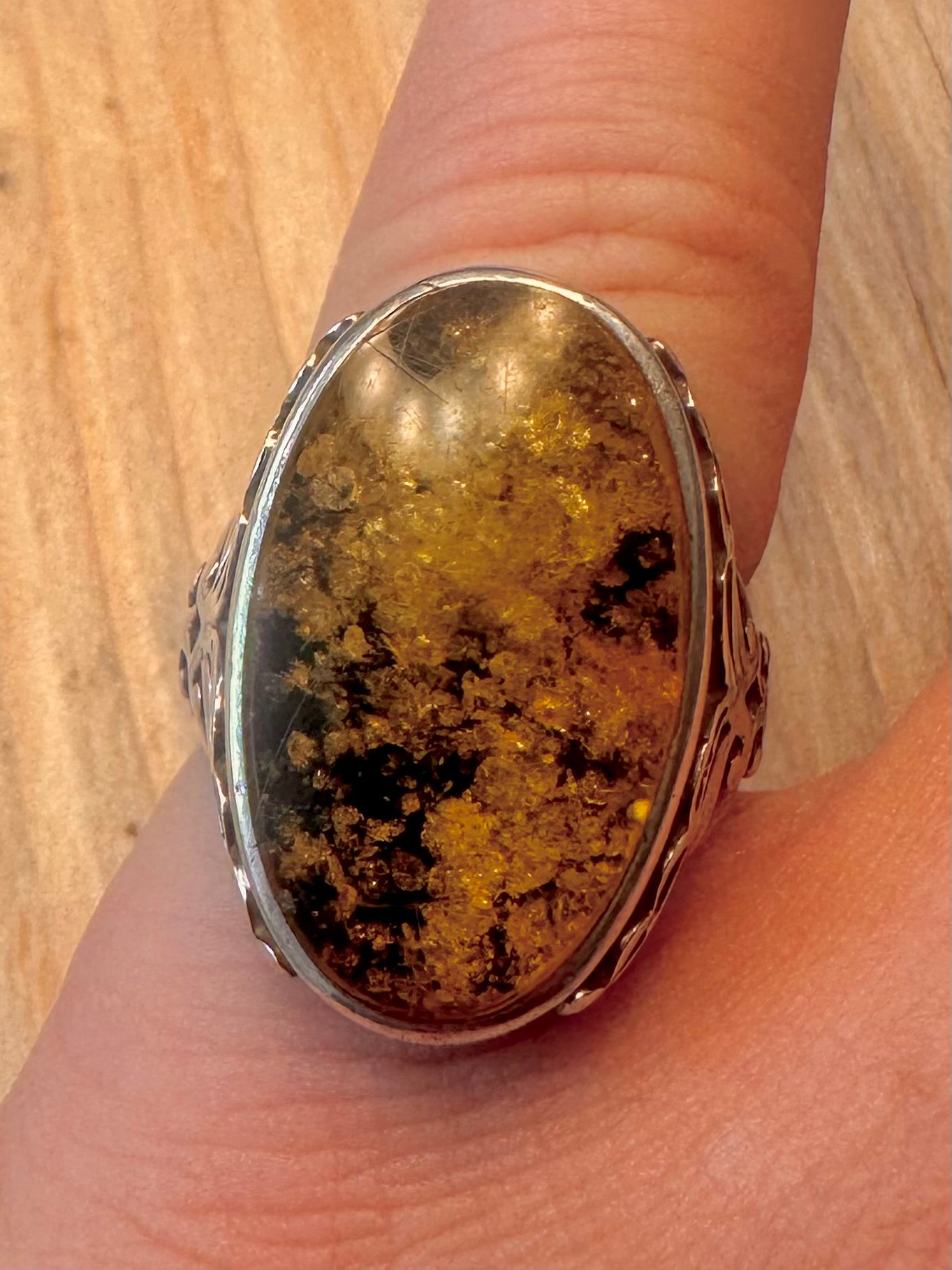 Vintage 1998 Green Amber 925 Silver Size O Ring