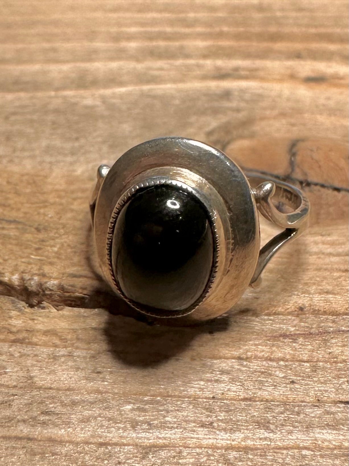 Vintage 1970 Black Oval Stone 925 Silver Size M Ring
