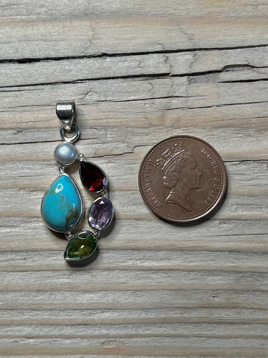 Mixed Gemstone Tear and Oval Shaped 925 Sterling Silver Pendant