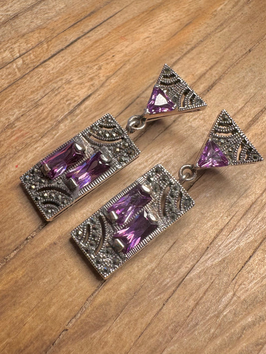 Vintage Art Deco Amethyst and Marcasite 925 Sterling Silver Earrings