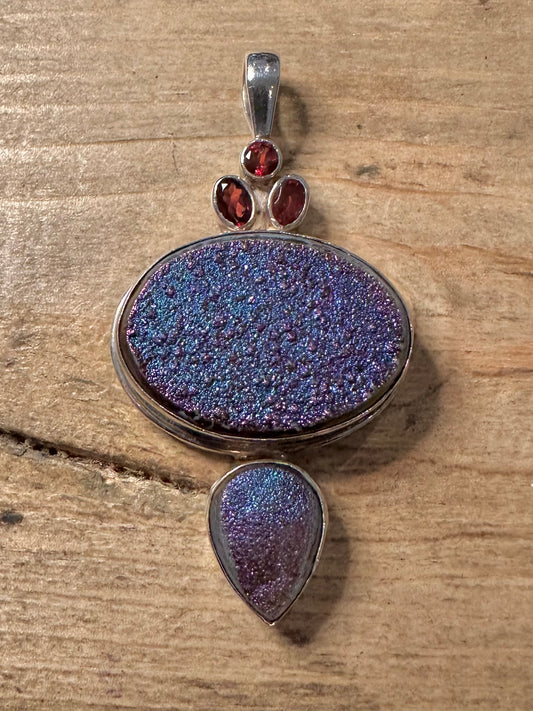 Vintage Druzy and Garnet 925 Silver Pendant