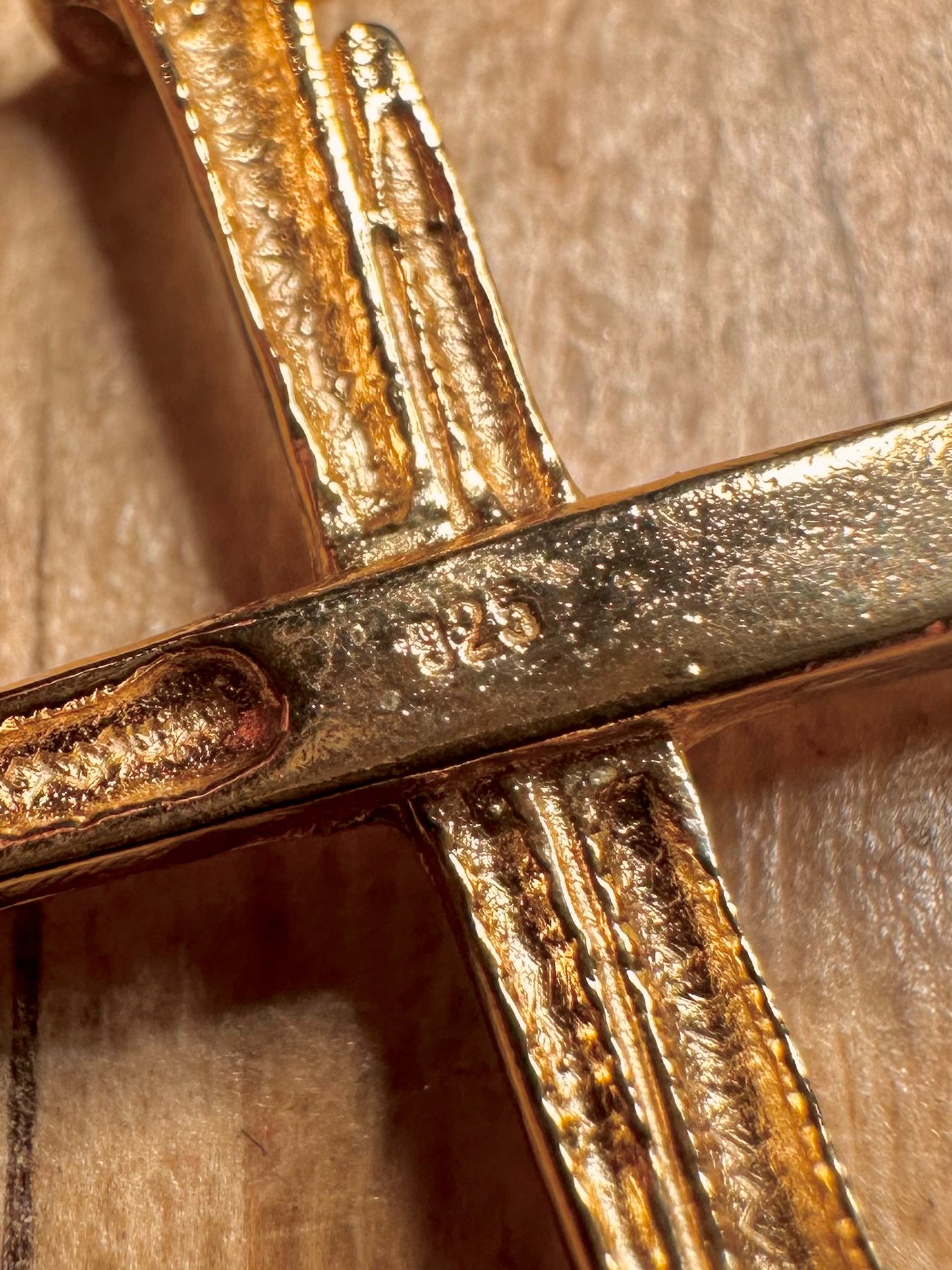 Vintage Textured Nail Cross Gold on 925 Sterling Silver Pendant