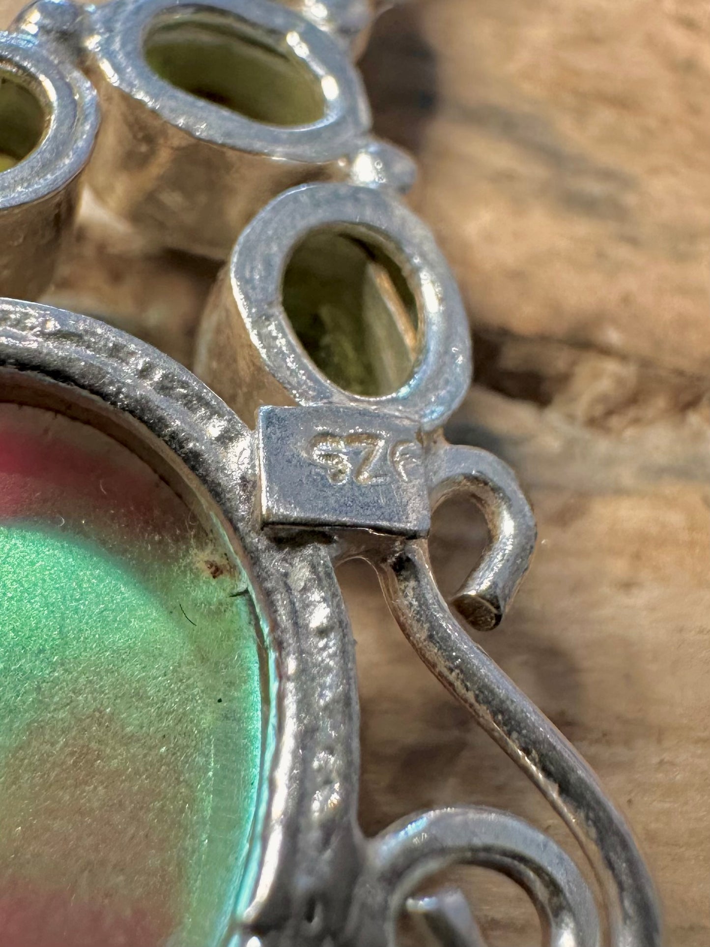 Vintage Ornate Peridot and Multi Colour Stone 925 Silver Pendant