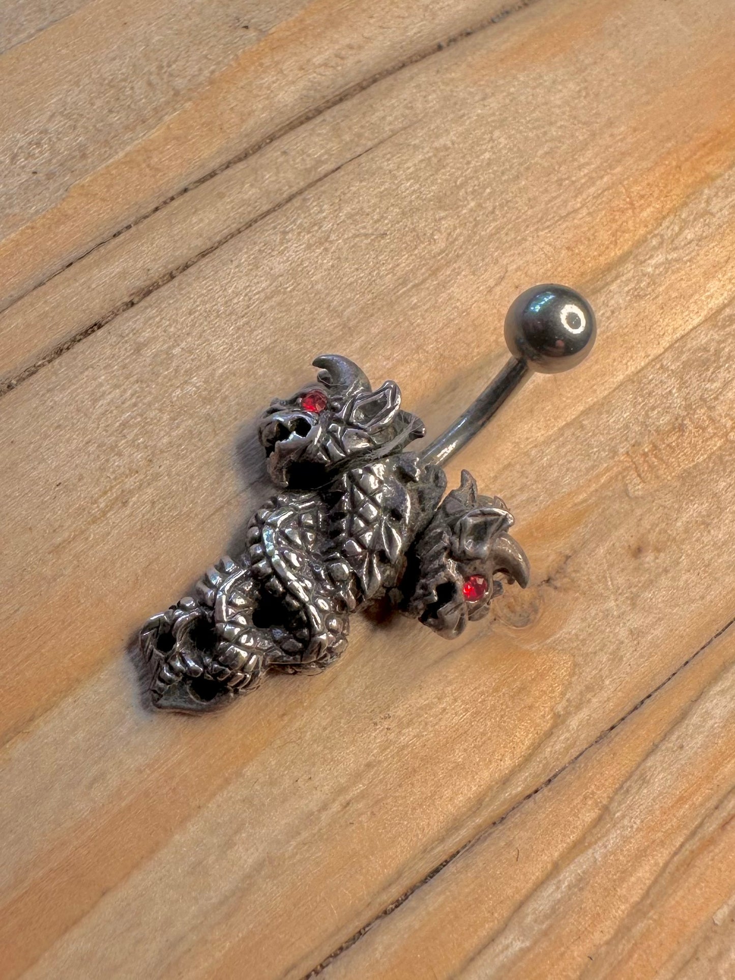 Vintage Two Headed Dragon Red Eye 925 Sterling Silver Belly Bar Body Jewellery