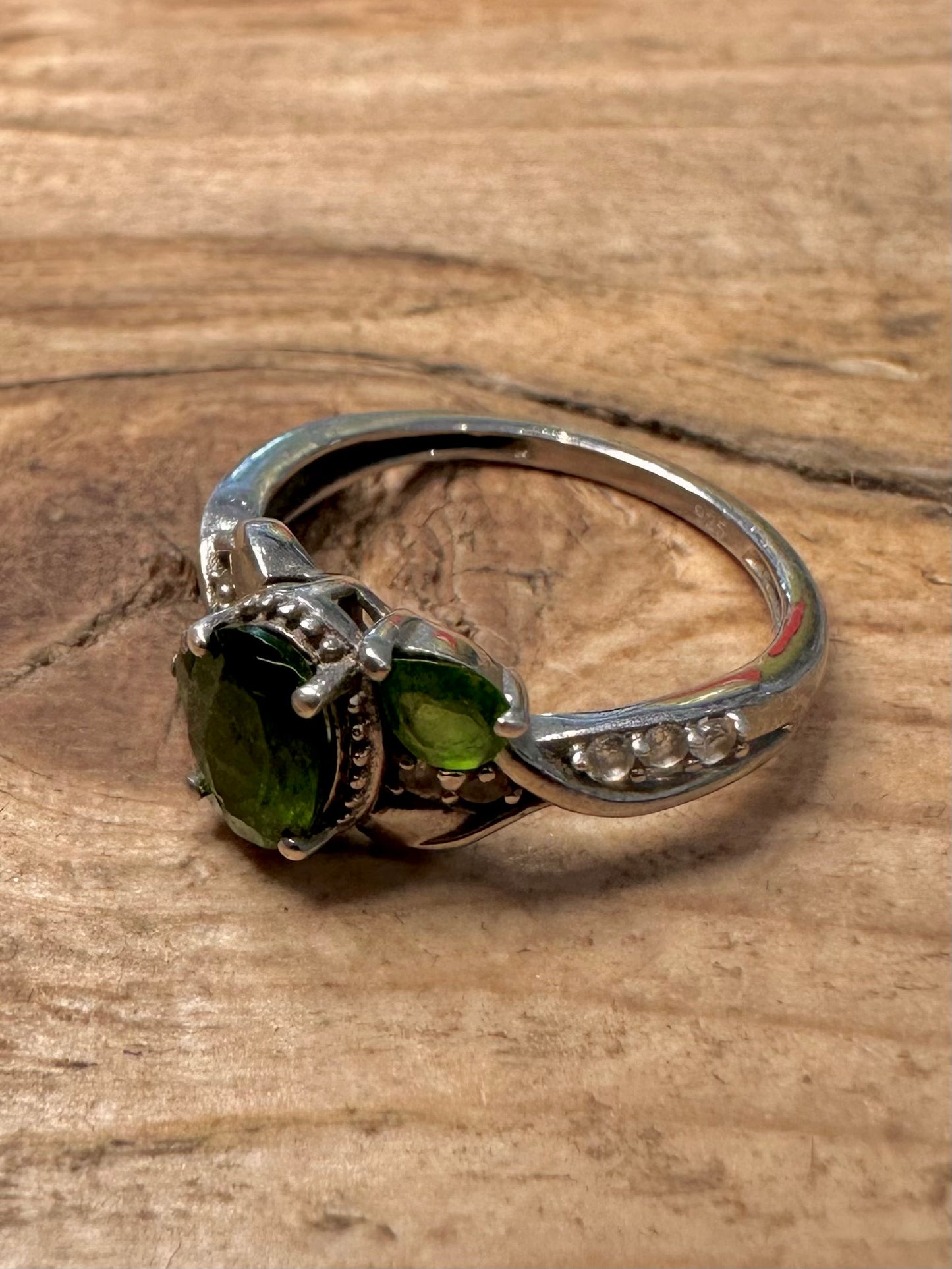 Vintage Diopside and CZ 925 Silver Size N Ring