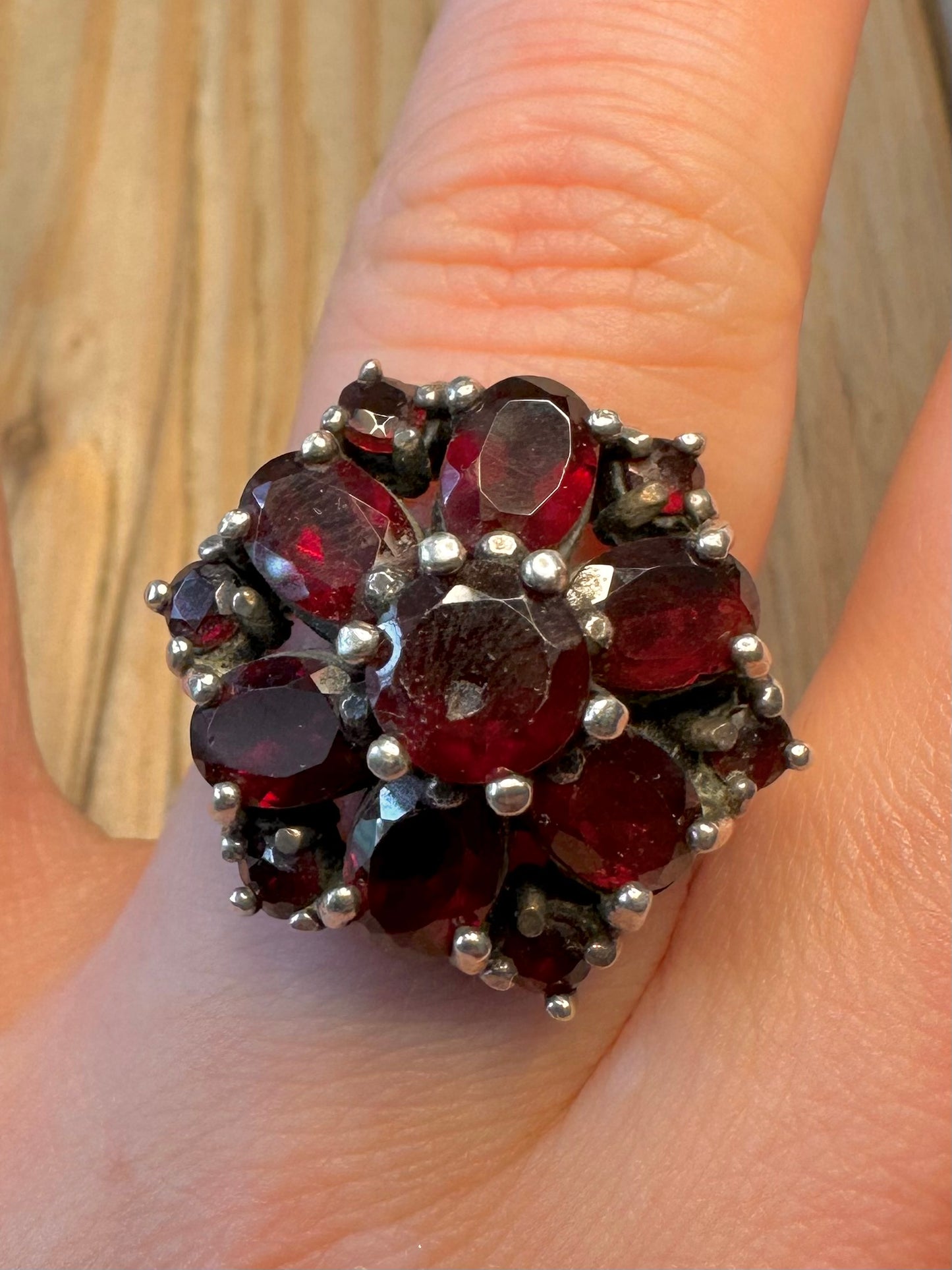 Vintage Red Stone Large Cluster 935 Sterling Silver Size O Ring