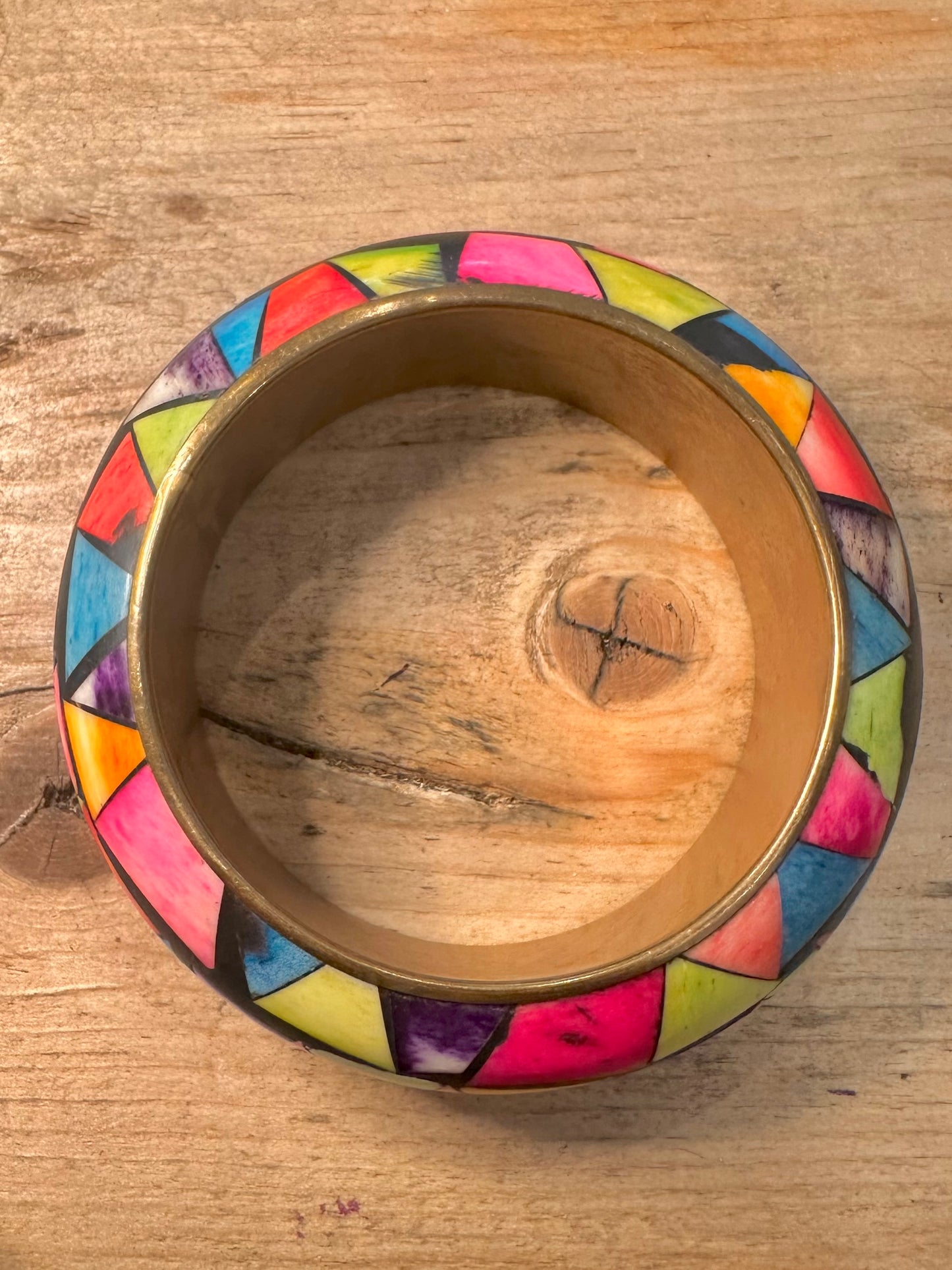 Vintage Mosaic Multi Coloured Brass Bangle