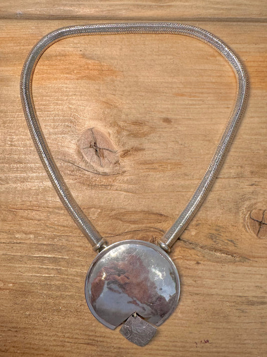 Abstract Chunky Snake Flat Chain Hook Clasp Hammered Circle 925 Silver 15 inch Necklace