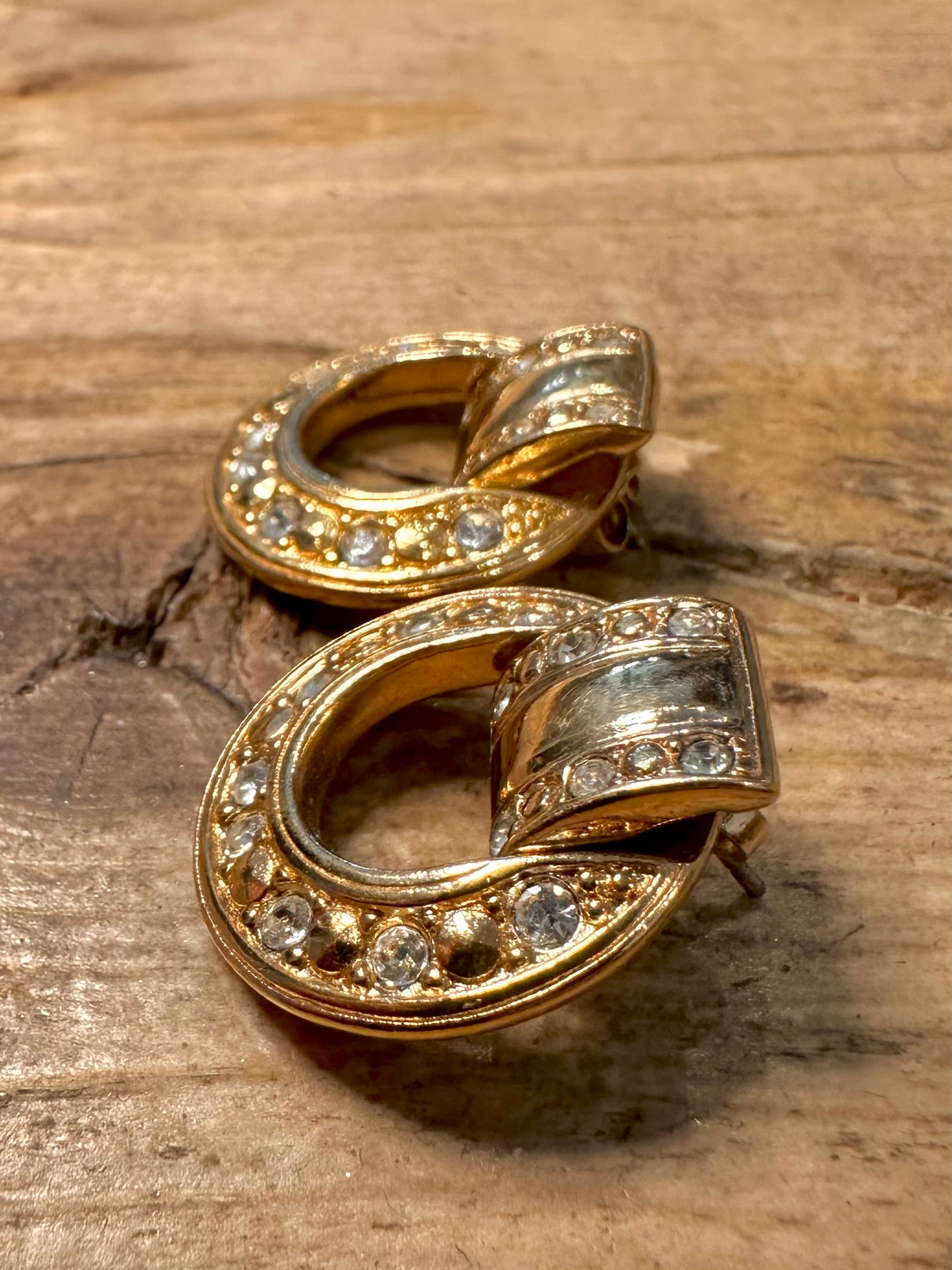 Vintage Circle White Stone Gold Costume Earrings
