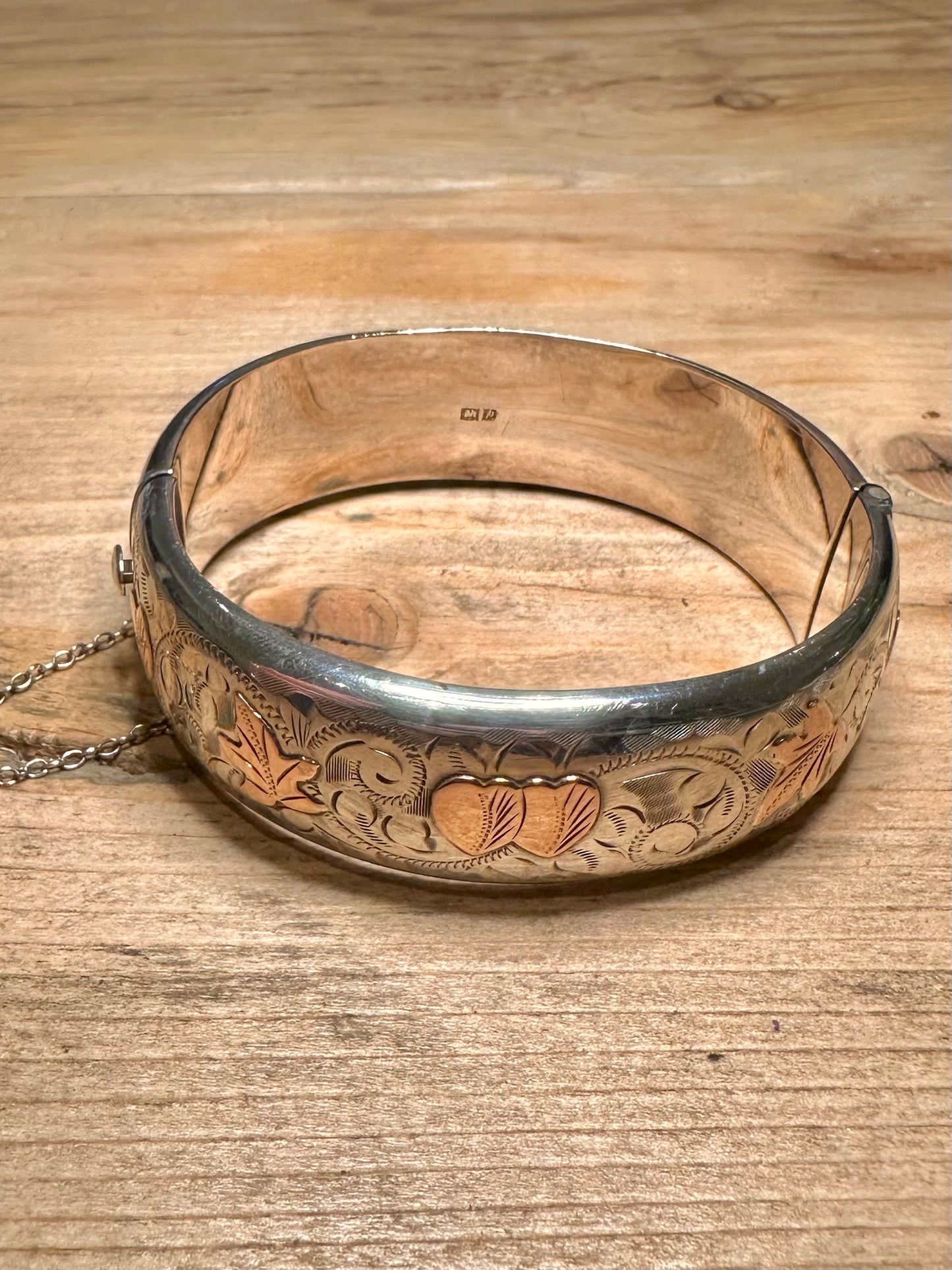 Vintage 1964 Engraved Gold Plated Parts 925 Silver Birmingham Bangle with Clasp