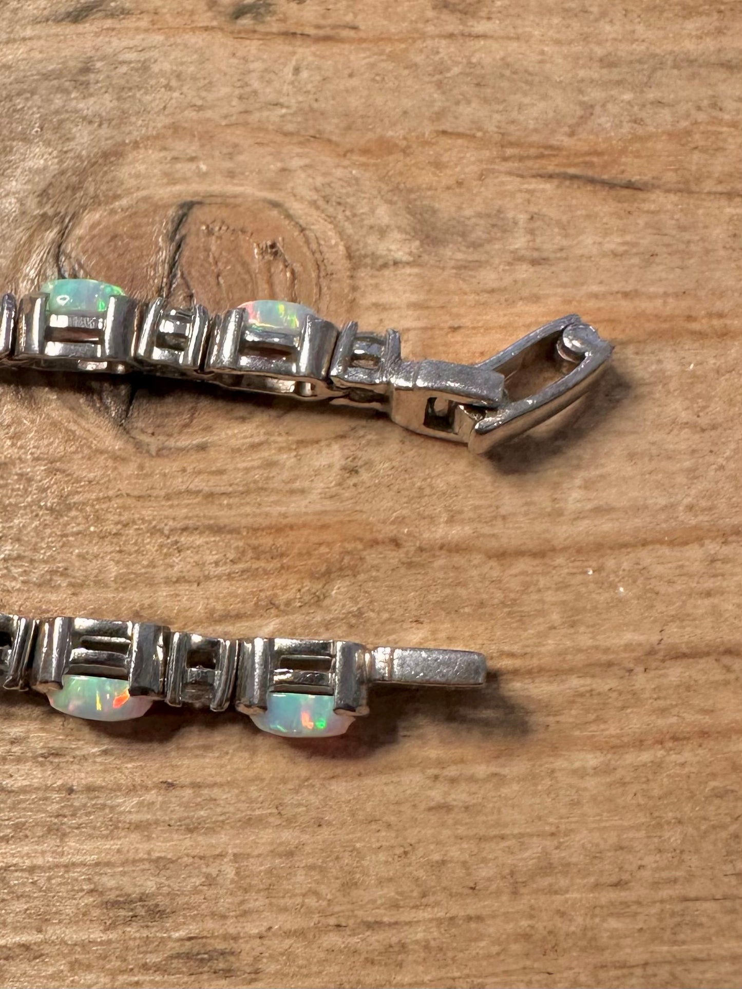 Vintage Opal and White Stone 925 Silver 7.2 inch Bracelet