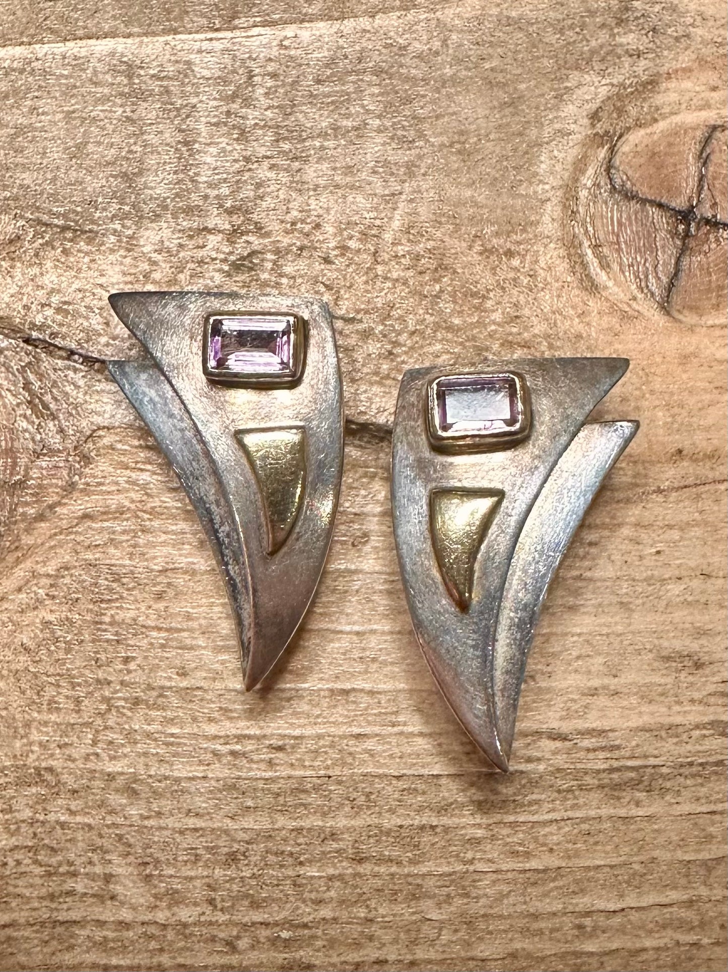 Abstract Amethyst Spike Shape Gold on 925 Silver Earrings