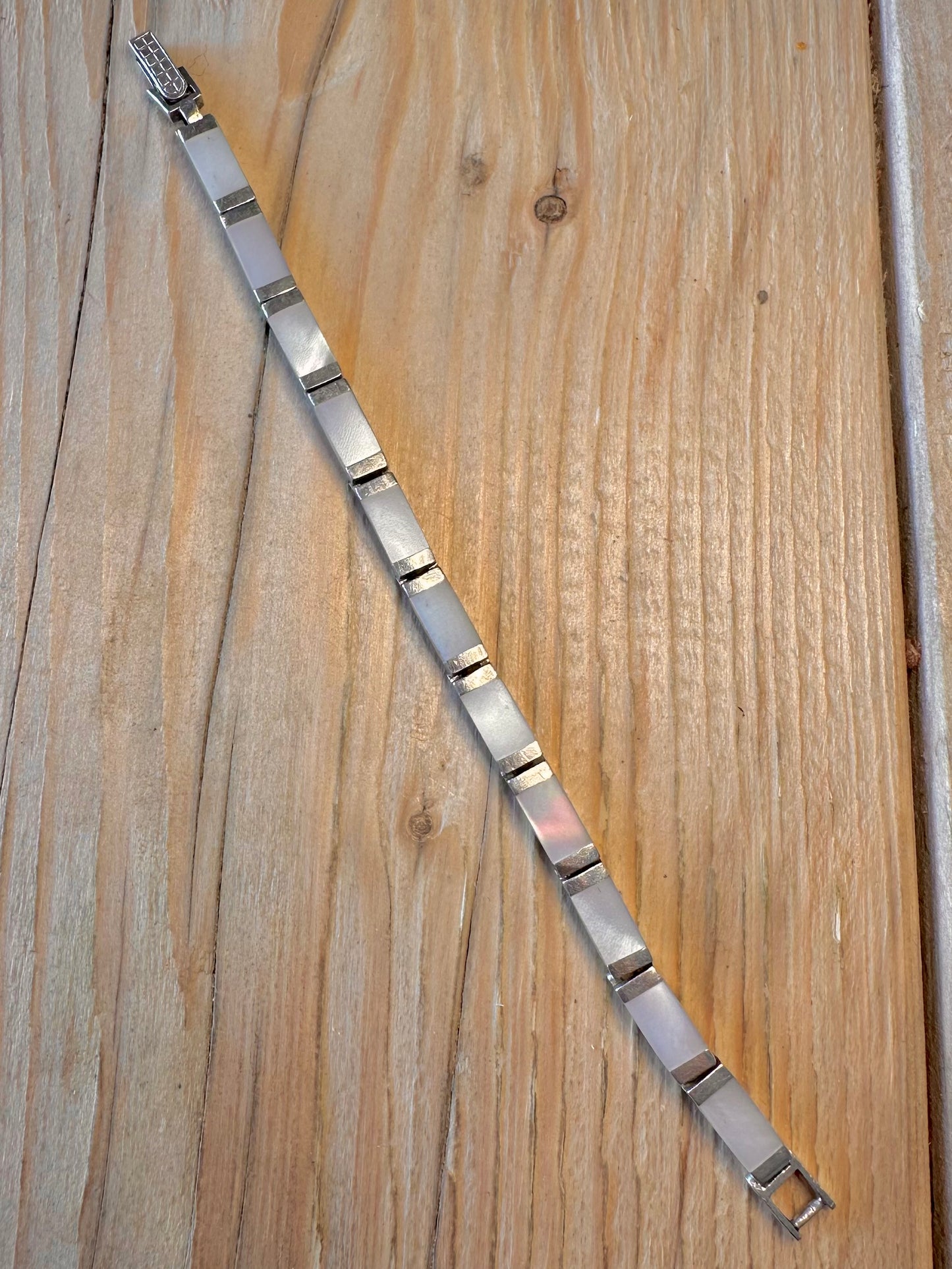 Vintage Mother of Pearl Bar 925 Sterling Silver 7.5 inch Bracelet
