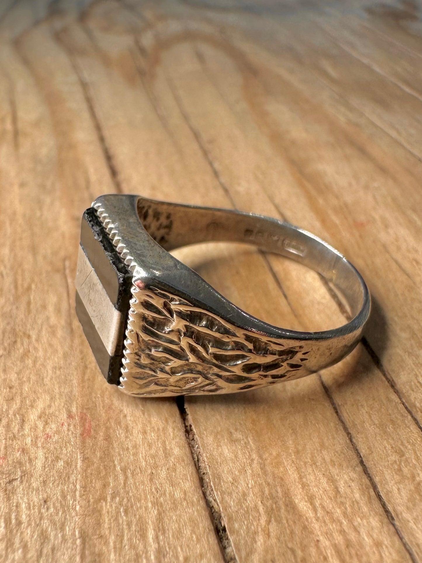 Vintage Onyx Textured Signet 925 Sterling Silver Size S Ring