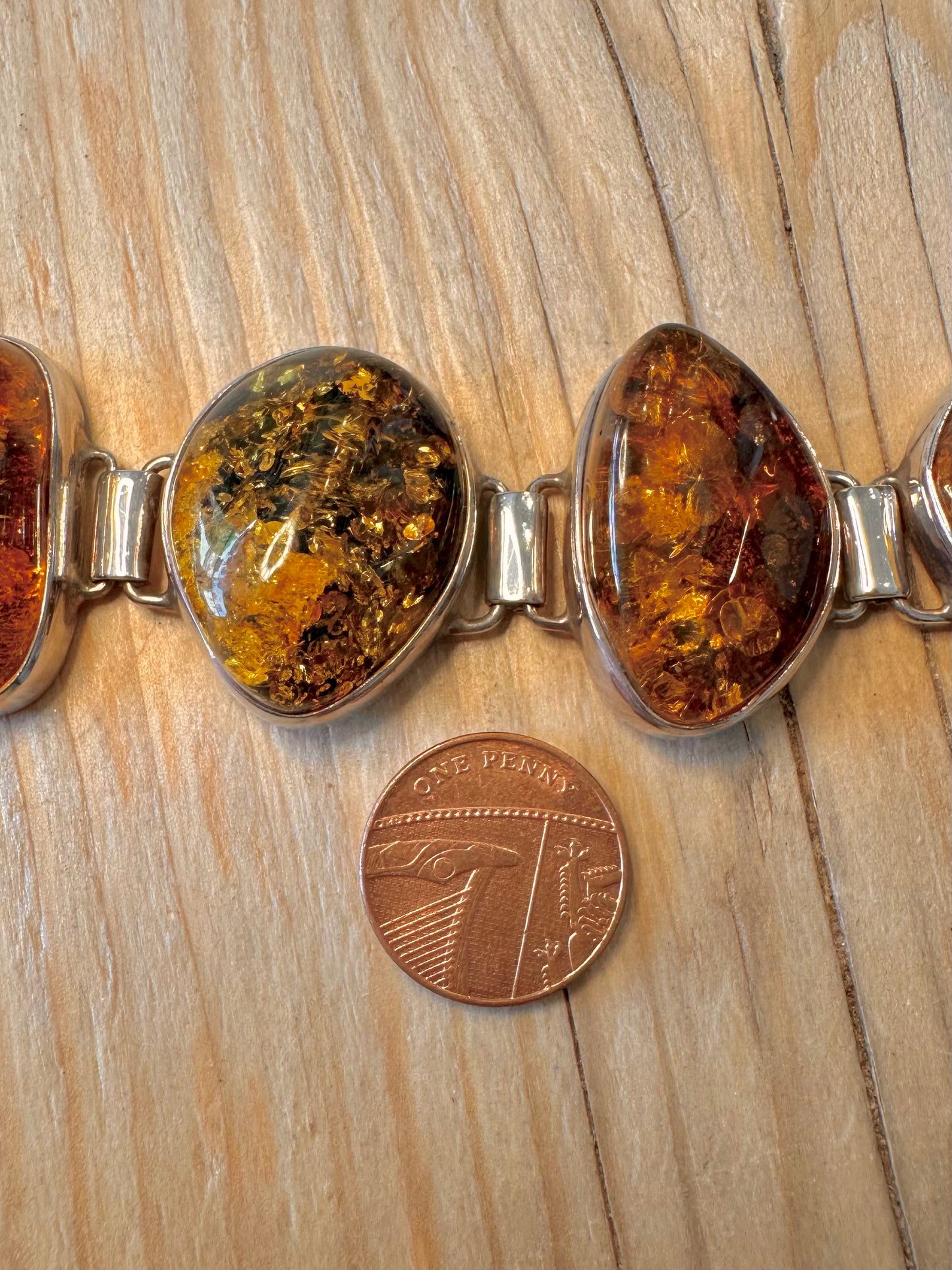 Stunning Vintage Large Amber 925 Silver with Safety Chain 7 inch Bracelet