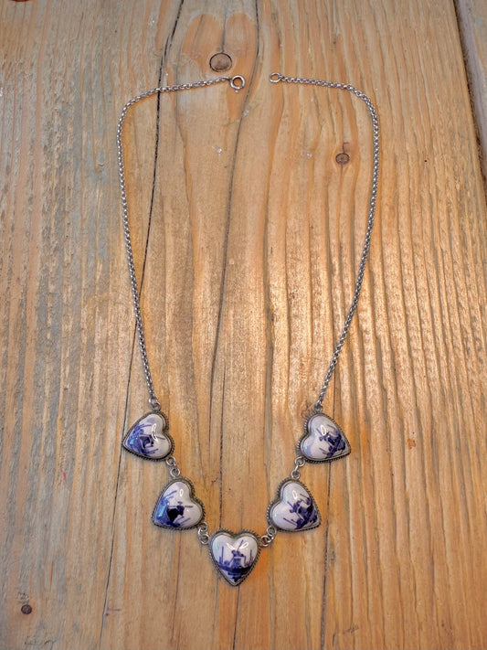 Dutch Blue Delft Heart Shaped Belcher Chain 925 Sterling Silver 16.8 inch Necklace